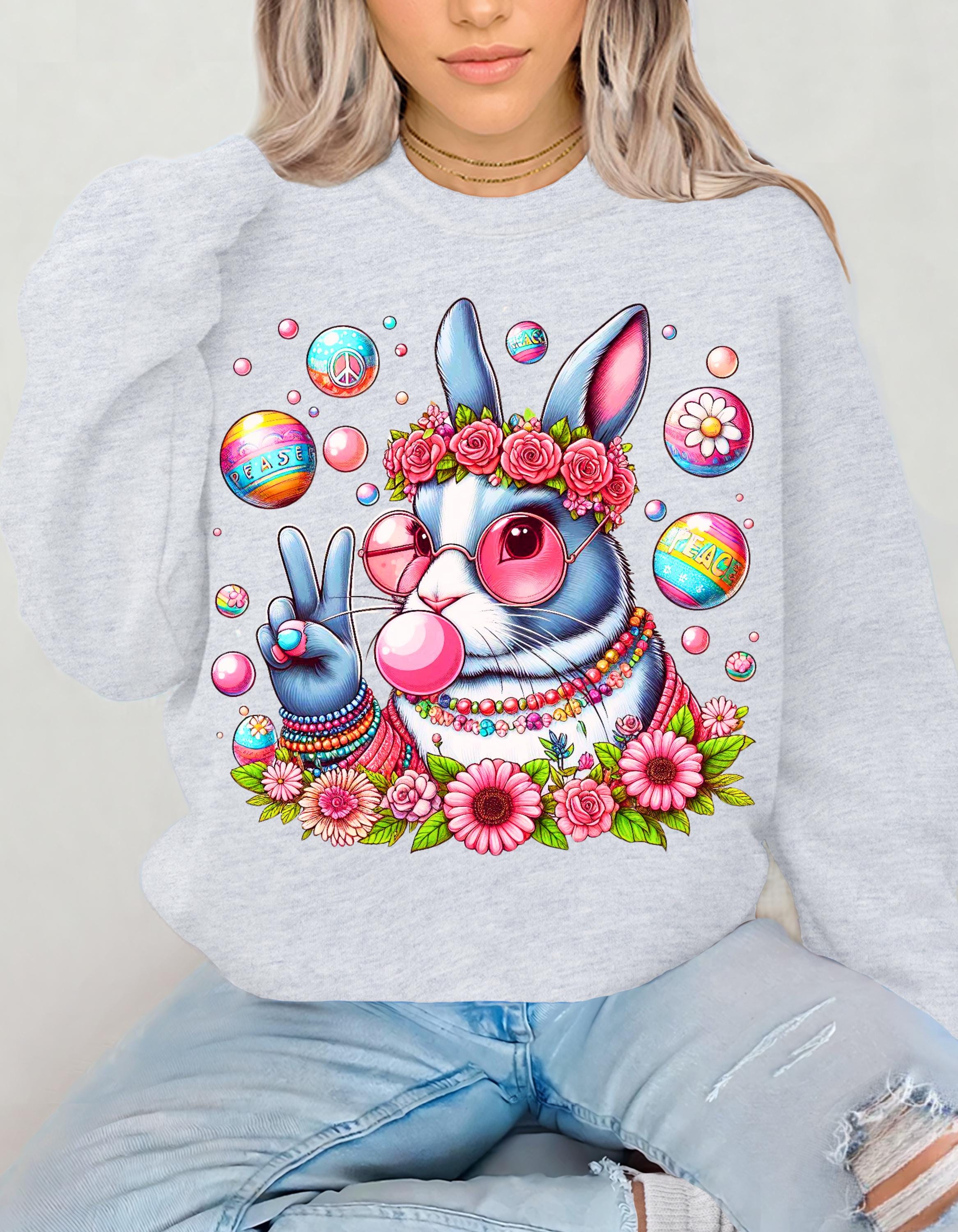 Easter Bunny Sweatshirt, Cute Animal Hippie Peace Sign Jumper, Unisex Crewneck, Easter Gift, Spring Pullover, Rabbit Sweater, Easter Shirt