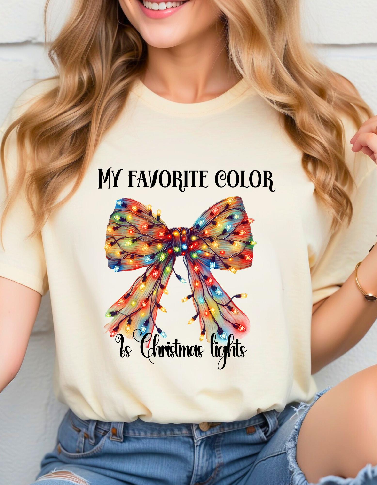 Personalizable My Favorite Color is Christmas Lights Festive Bow T-Shirt - Fun and Cheerful Holiday Apparel