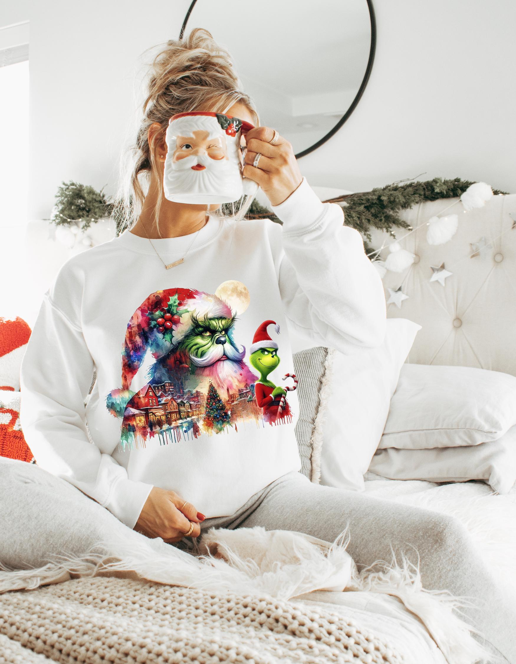 Double Exposure Grumpkin Christmas Crewneck Sweatshirt - Funny Holiday Party Jumper, Unisex Winter Pullover, Festive Xmas Sweatshirt, Cool