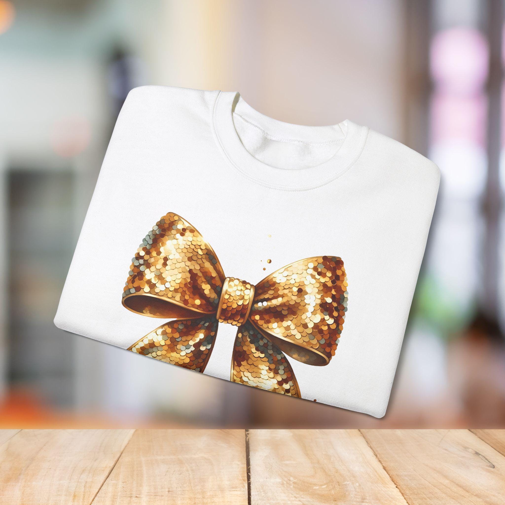 Coquette Gold Bow Sequin Crewneck Sweatshirt for New Year's Party, NYE Sweatshirt, Sparkly Sequin Holiday Sweatshirt, Christmas Sweatshirt,