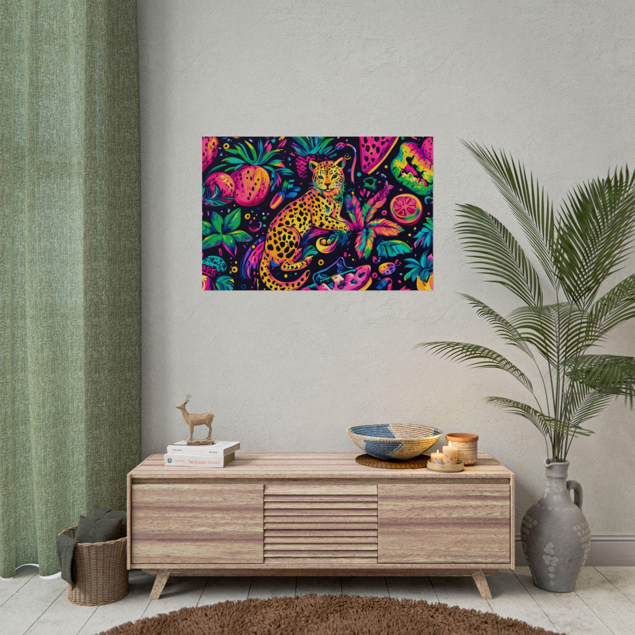 Poster Print, 90s Neon Leopard Geometric Pattern Fruit Summer Maximalist Wall Art, Rolled Posters, Home Decor, Room Decor, Dorm Decor, Gift