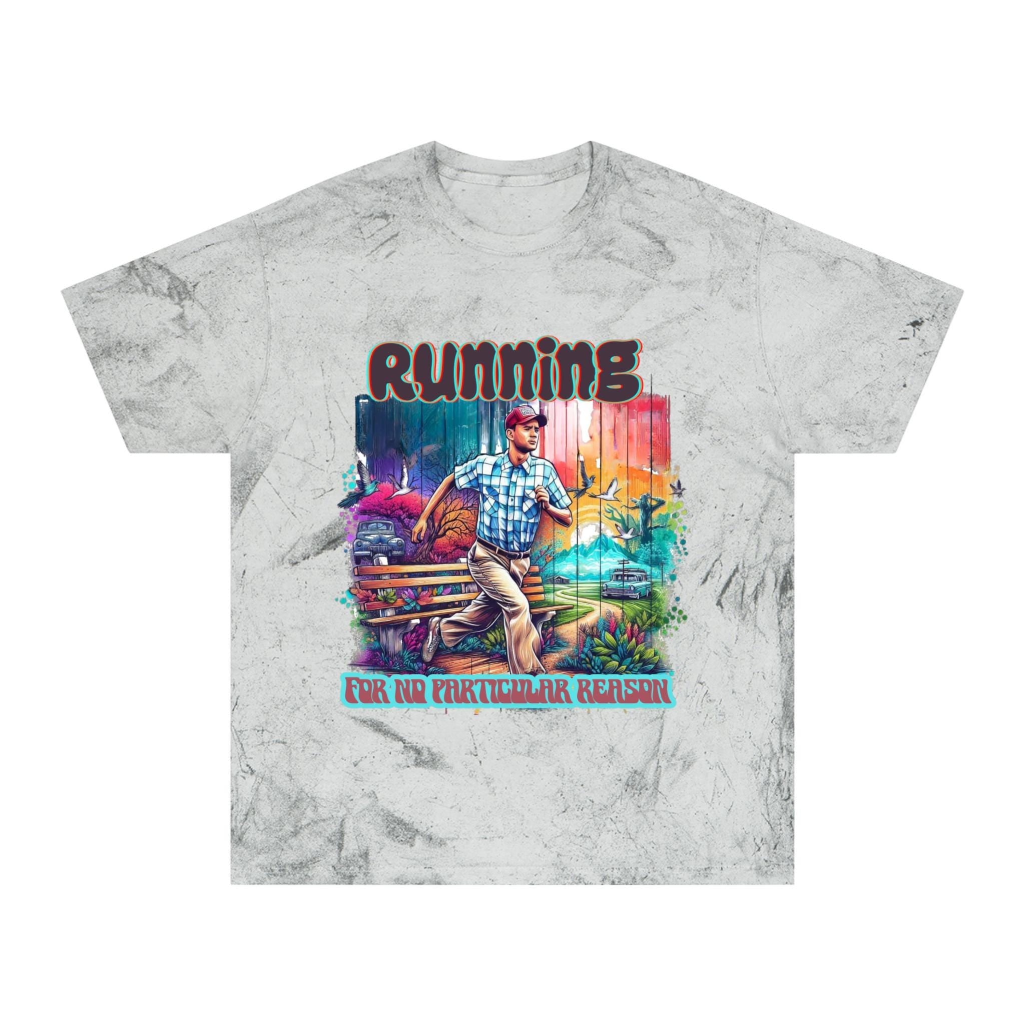 Lebendiges Lauf-T-Shirt im Stil der 90er-Jahre-Filme – Color Blast Design – Unisex – Bequeme Baumwolle – Kultige Film-Hommage – Einzigartige Geschenkidee