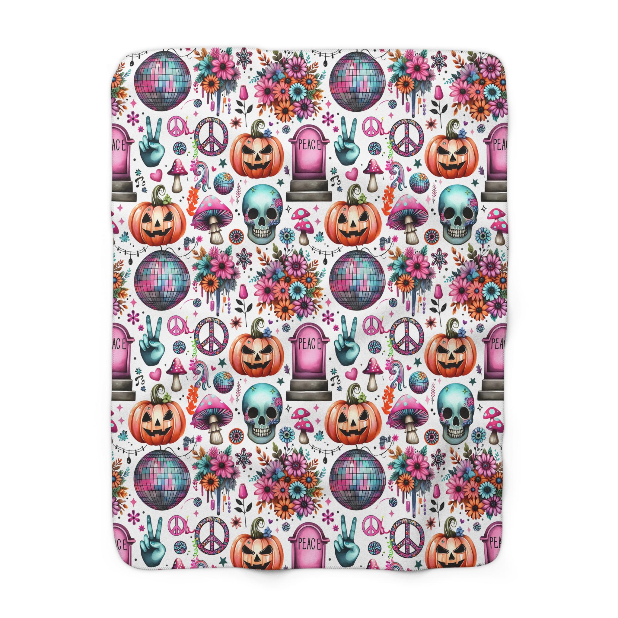 Personalizable Hippie Halloween Sherpa Fleece Blanket - Cozy and Spooky Seasonal Decor