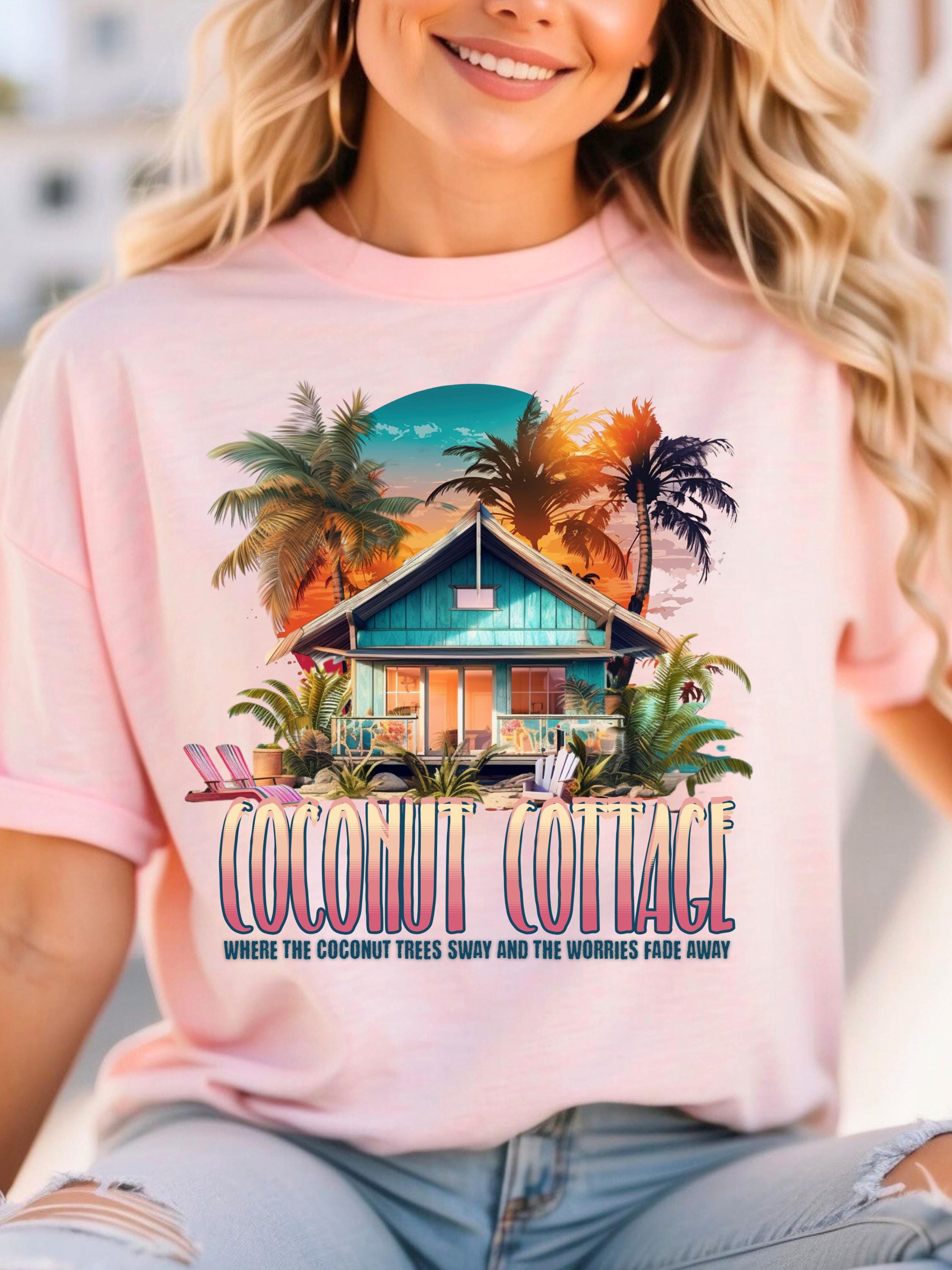 Personalizable Beach Bum Shirt, Coconut Cottage Summer T-shirt - Gift For Her, Family Matching Vacation, Besties Tee, Unisex Garment-Dyed