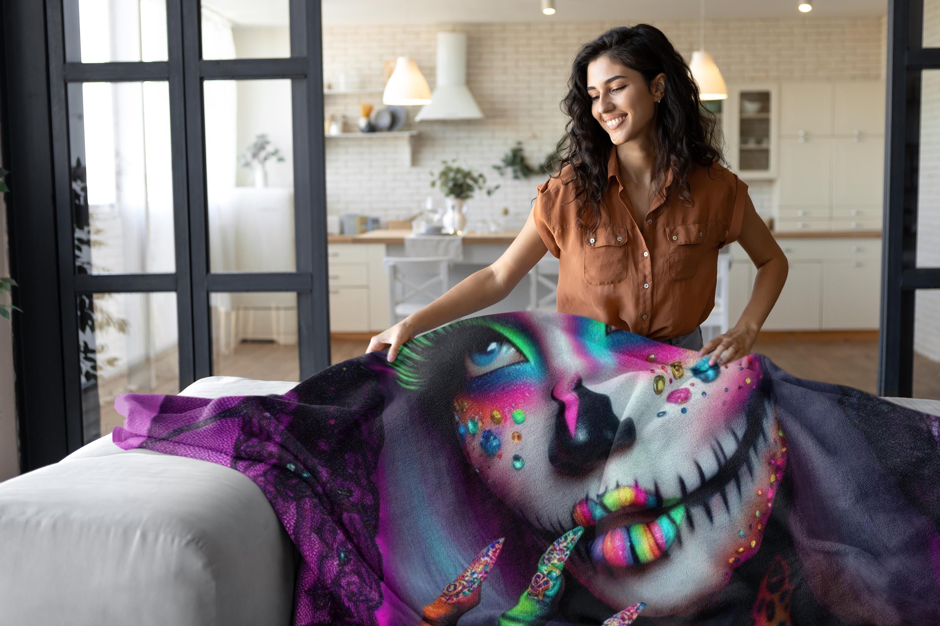 Day of the Dead Neon Skeleton Sherpa Fleece Blanket, Dia de los Muertos Cozy Throw, Halloween Decor, Mexican Skull Bedding, Gothic Home