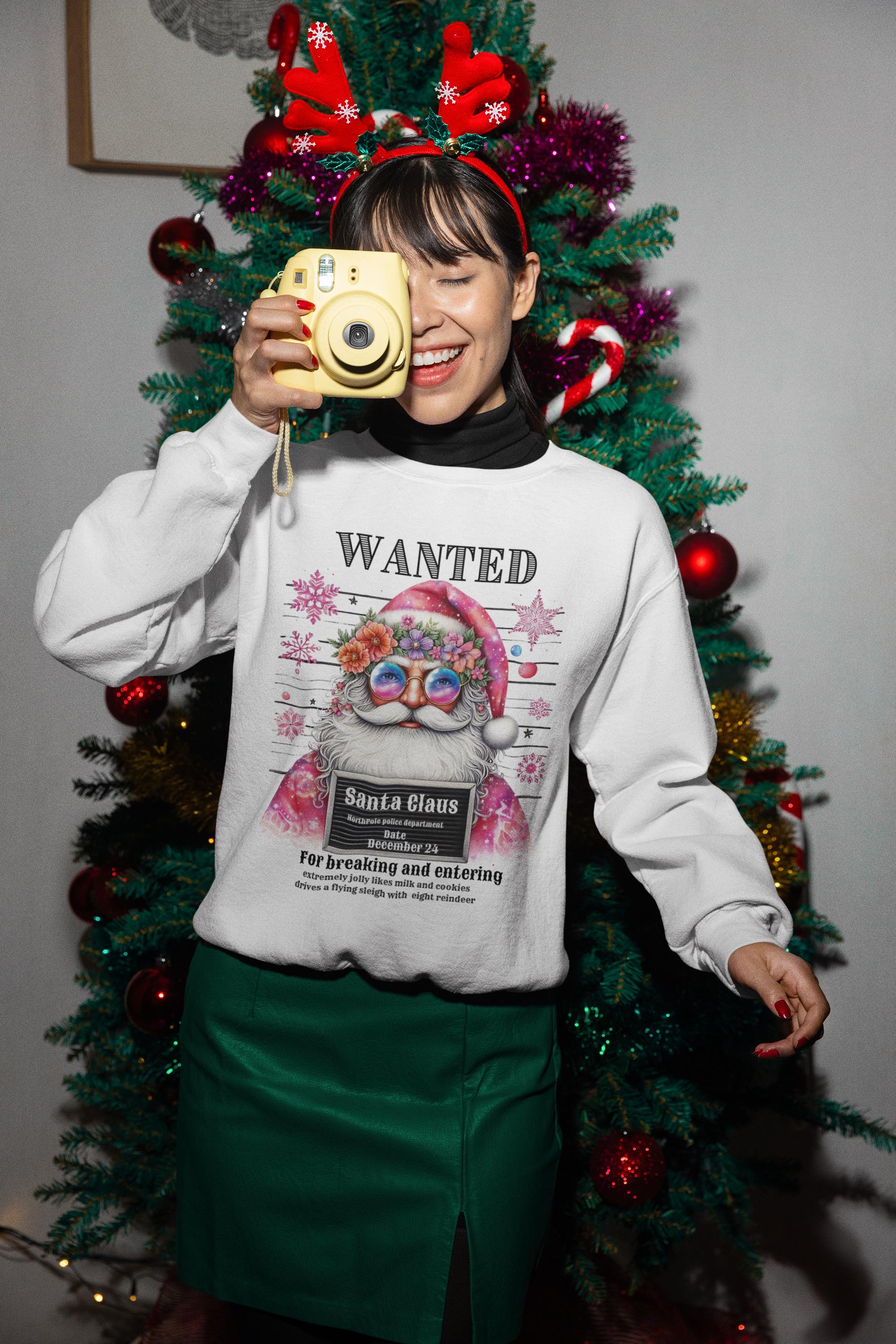 Funny Santa Wanted Christmas Sweatshirt, Holiday Party Top for Men Women, Festive Xmas Jumper Gift, Comfy Winter Pullover, Ugly Tee, Crew