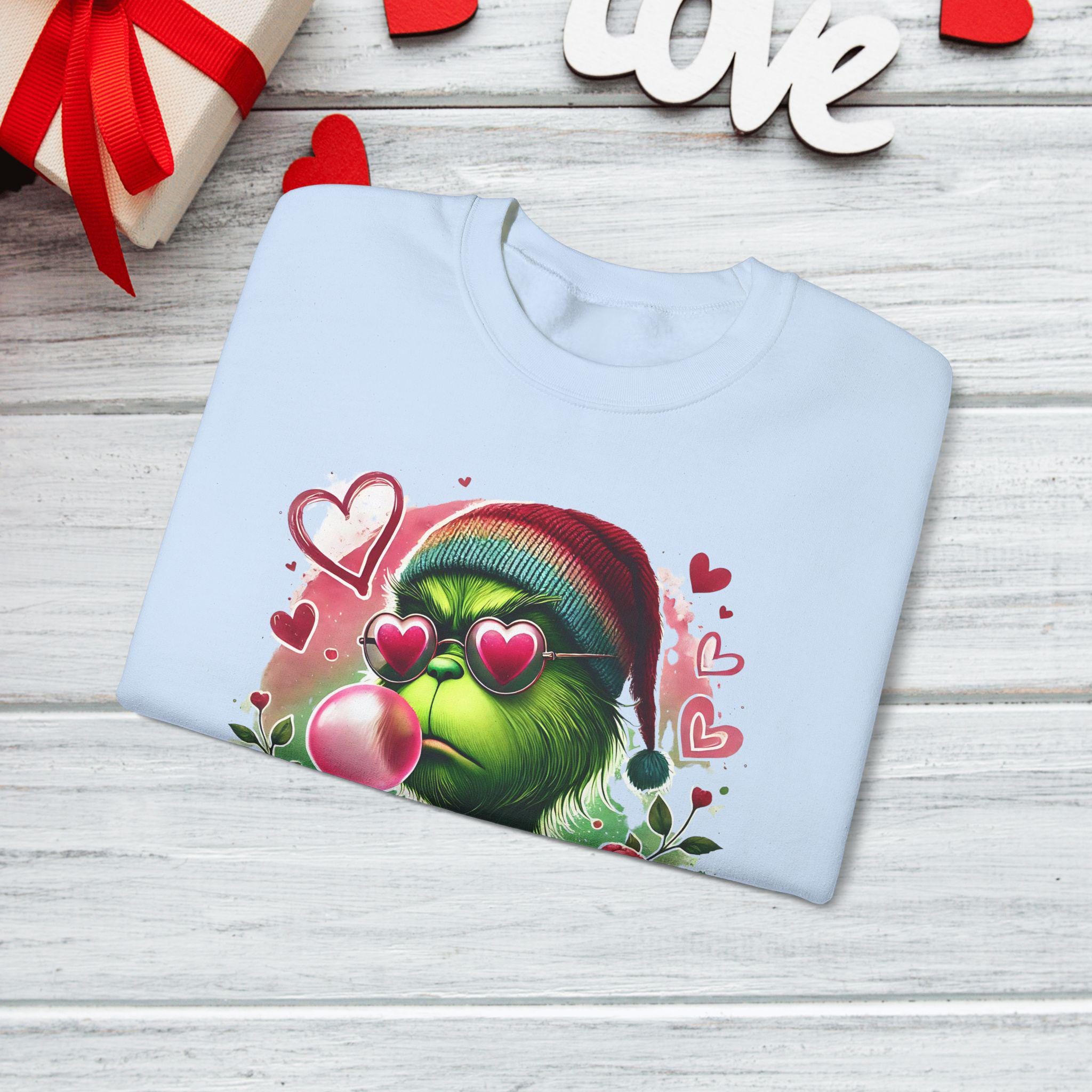 Personalizable Green Monster Valentine's Day Sweatshirt, Bubble Gum, Cute Love Gift, Unisex Crewneck Jumper, Heart Emoji Apparel parody