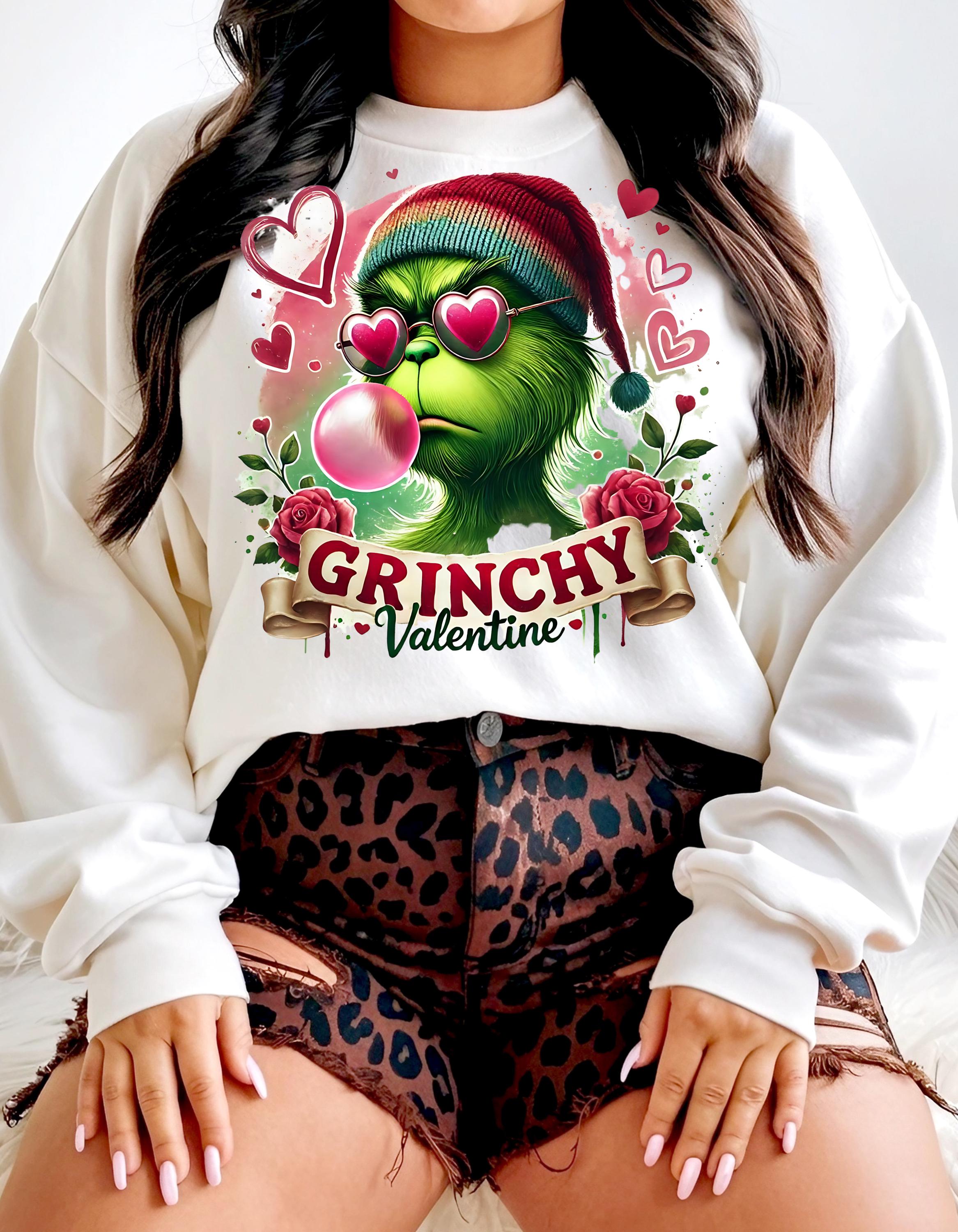 Personalisierbares Grünes Monster Valentinstag Sweatshirt, Bubble Gum, Süßes Liebesgeschenk, Unisex Crewneck Pullover, Herz Emoji Bekleidung Parodie