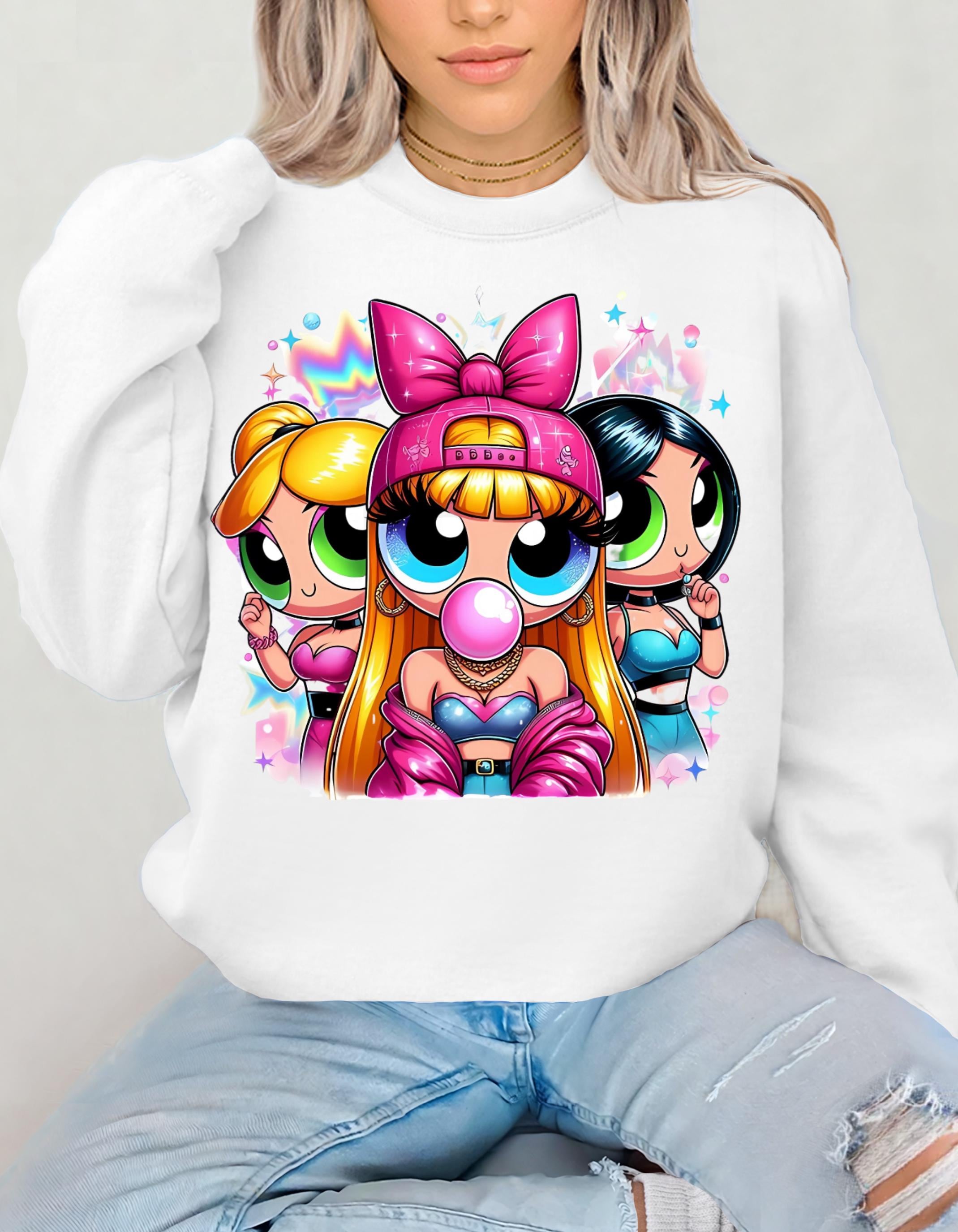 Powerful Girls Parody Trio Sweatshirt, '90s Inspired, Unisex Crewneck Jumper, Gift for Cartoon Fans, Retro Powerpuff Apparel, Cosplay