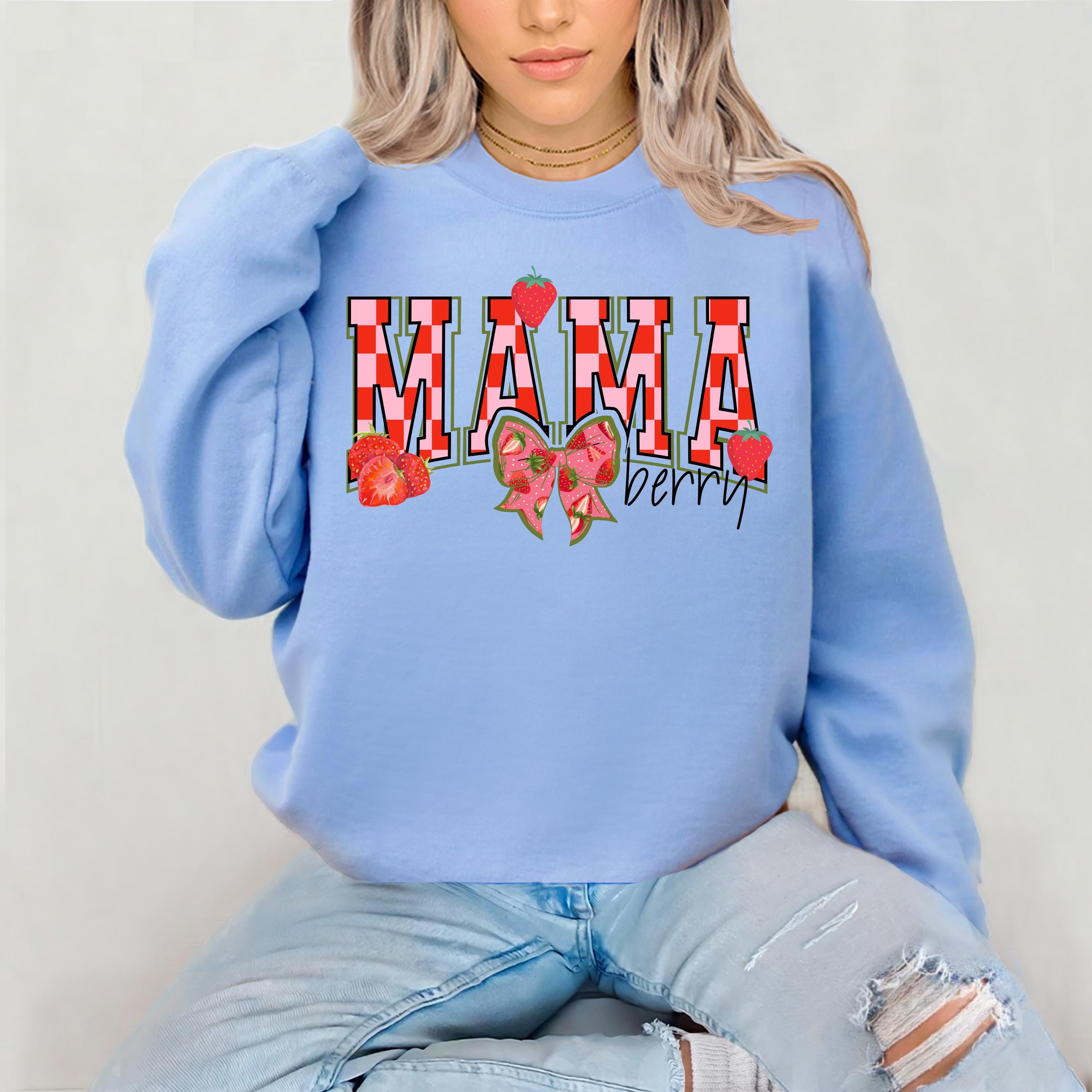 Mama Berry Sweatshirt, Mama Collage Font, Pink Checkered Print, Strawberry, Unisex Crewneck, Gift for Mom, Mother's Day Sweatshirt, Mom Life