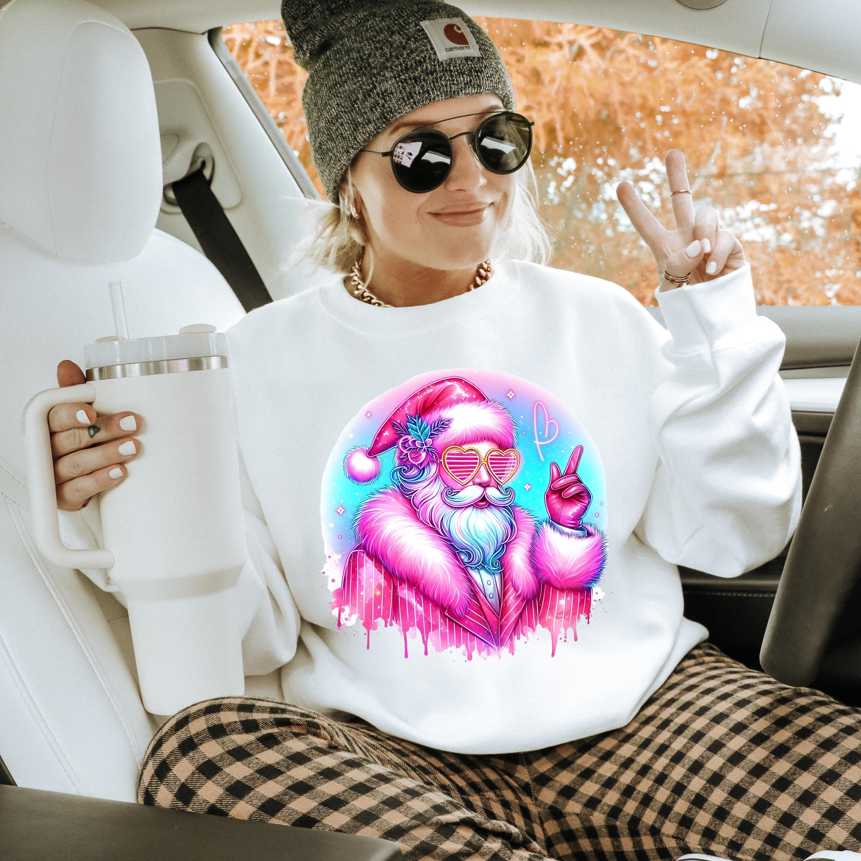 Funky Pink Santa Sweatshirt - Hipster Urlaubskleidung - Lebhafter Weihnachts-Crewneck - Einzigartiger Weihnachtsmann-Pullover - Festliche Wintermode