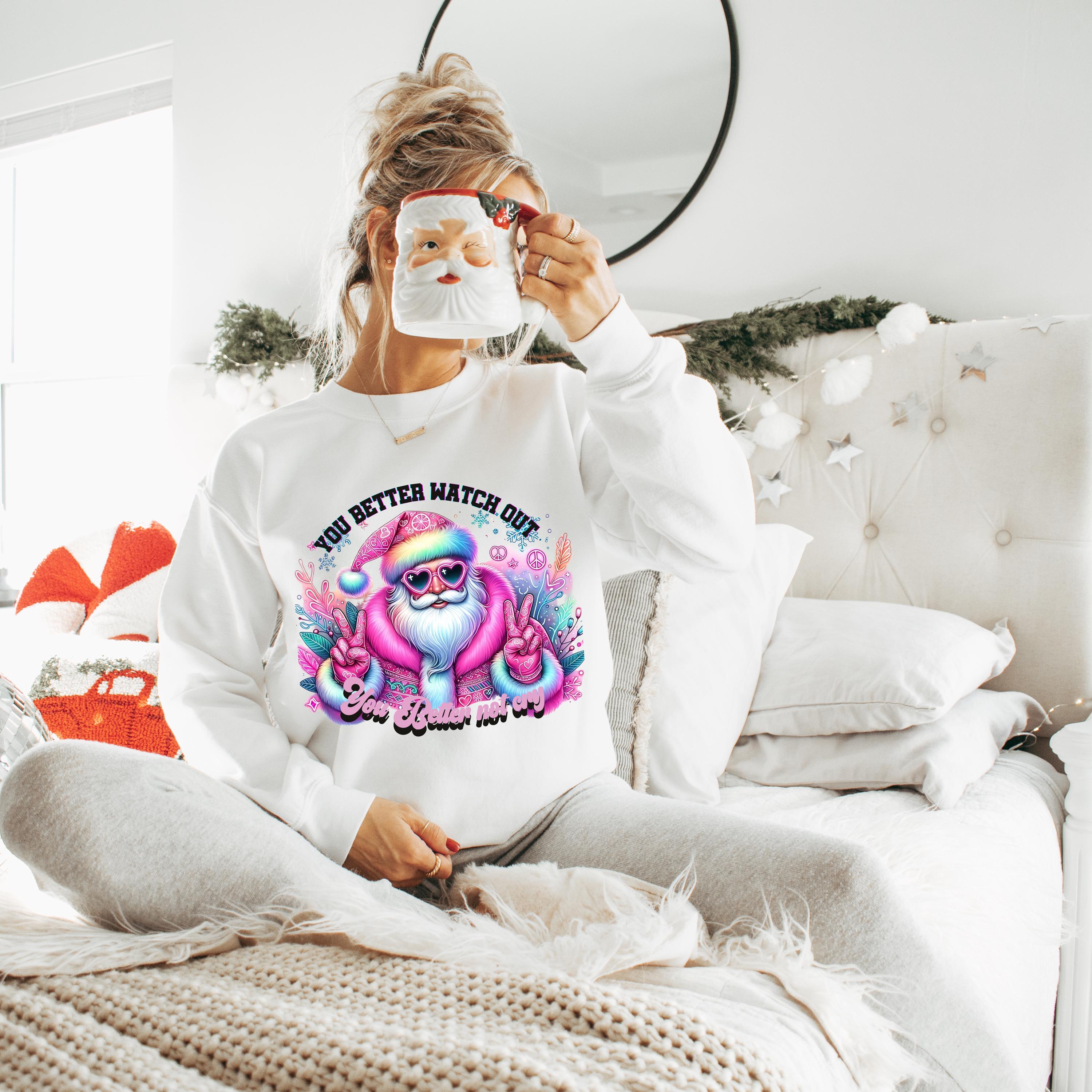 Personalisierbares Neon-Hippie-Weihnachtsmann-Sweatshirt – Leuchtender psychedelischer Weihnachtspullover mit Friedenszeichen – Einzigartige festliche Urlaubskleidung“