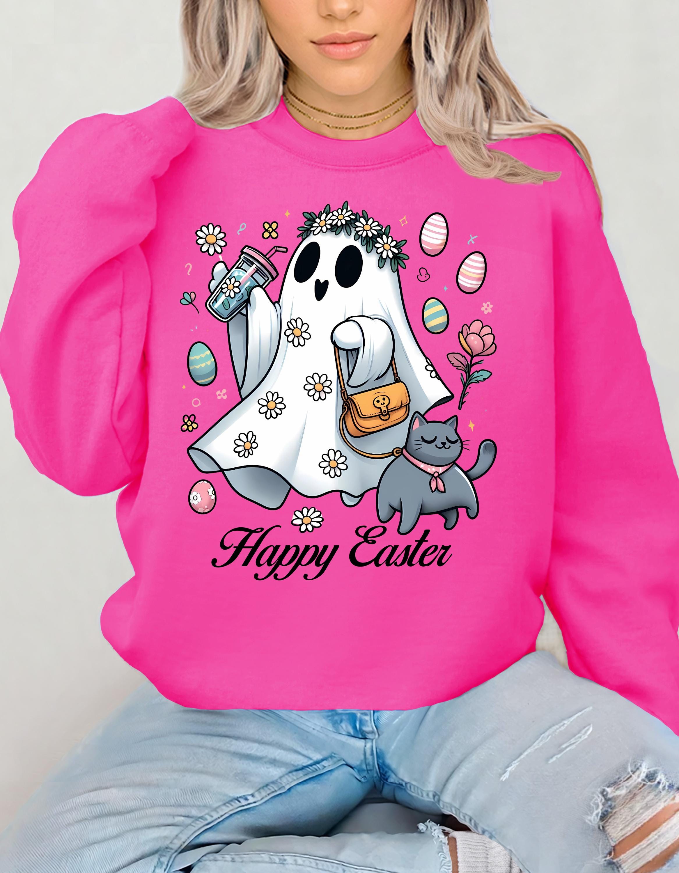 Easter Ghost & Cat Sweatshirt - Perfect Spring Gift, Cozy Crewneck for Cat Lovers, Unisex Sweatshirt, Holiday Apparel, Cute Casual Wear