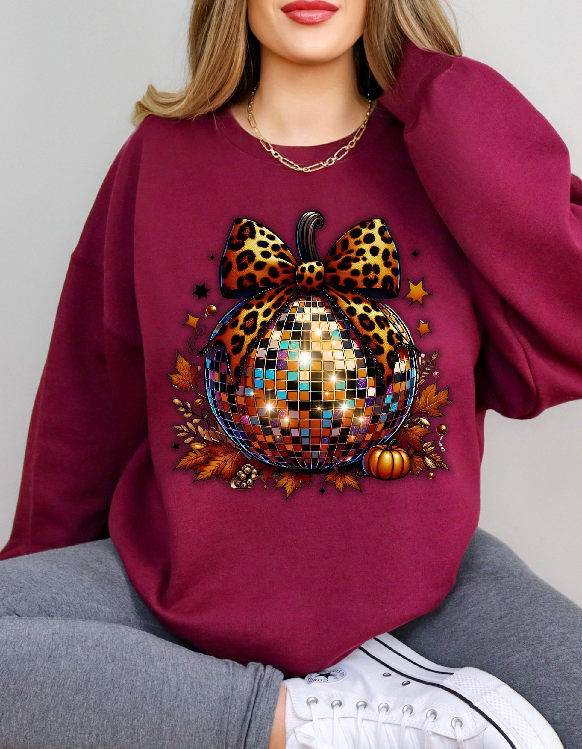 Personalizable Thanksgiving Disco Ball Pumpkin Crewneck Sweatshirt, Coquette Party Dinner Fun, Unisex Jumper