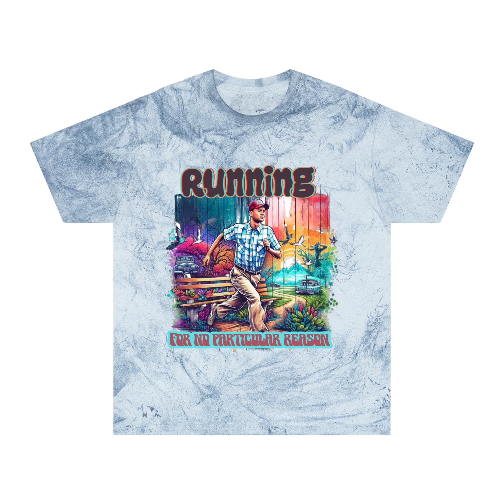 Lebendiges Lauf-T-Shirt im Stil der 90er-Jahre-Filme – Color Blast Design – Unisex – Bequeme Baumwolle – Kultige Film-Hommage – Einzigartige Geschenkidee