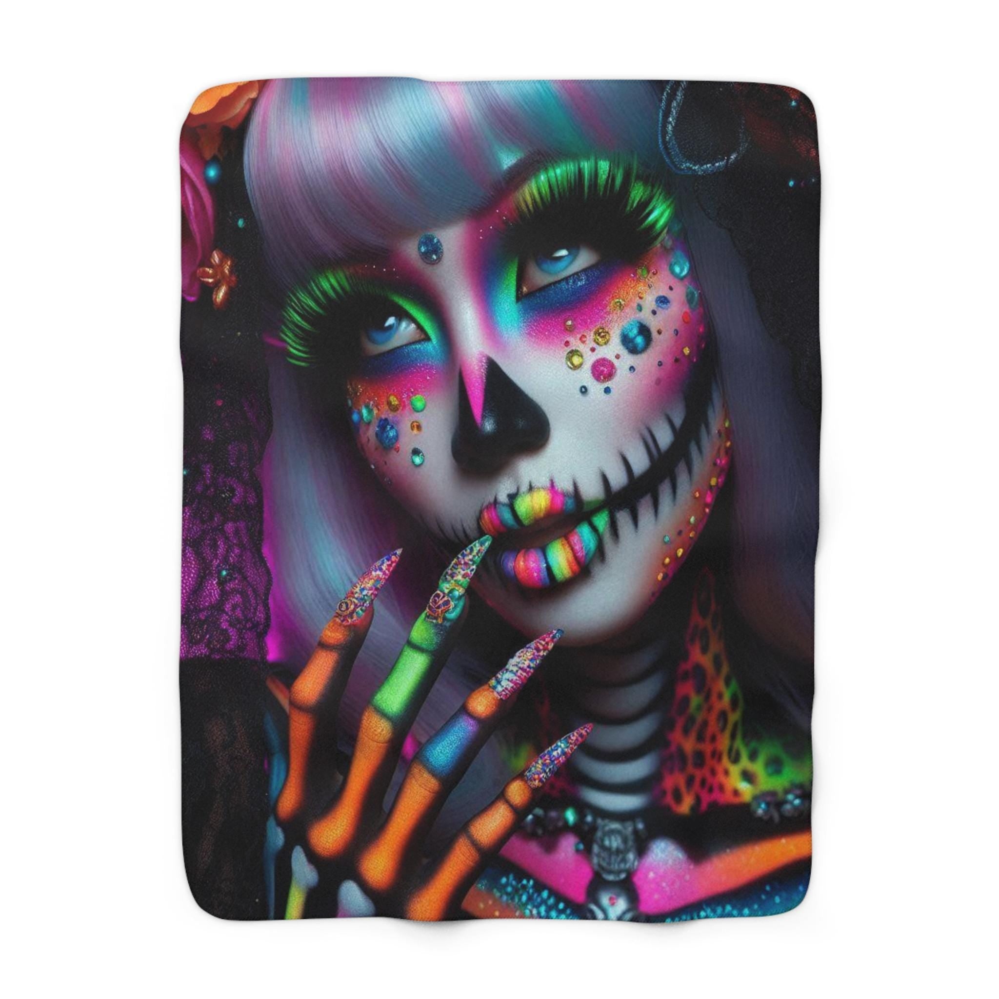 Day of the Dead Neon Skeleton Sherpa Fleece Blanket, Dia de los Muertos Cozy Throw, Halloween Decor, Mexican Skull Bedding, Gothic Home