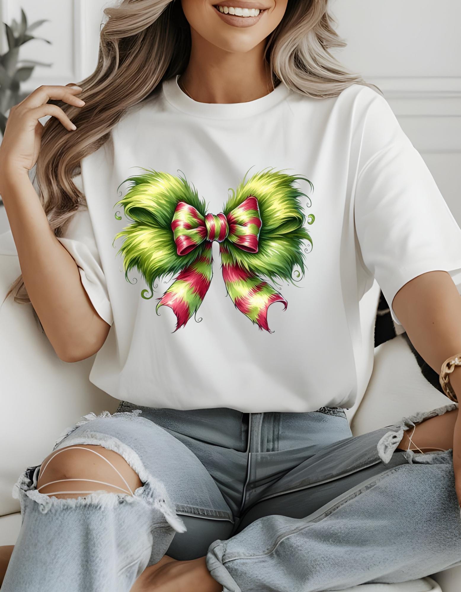 Personalizable Green Monster Grinch Christmas Bow T-Shirt - Fun and Festive Holiday Apparel