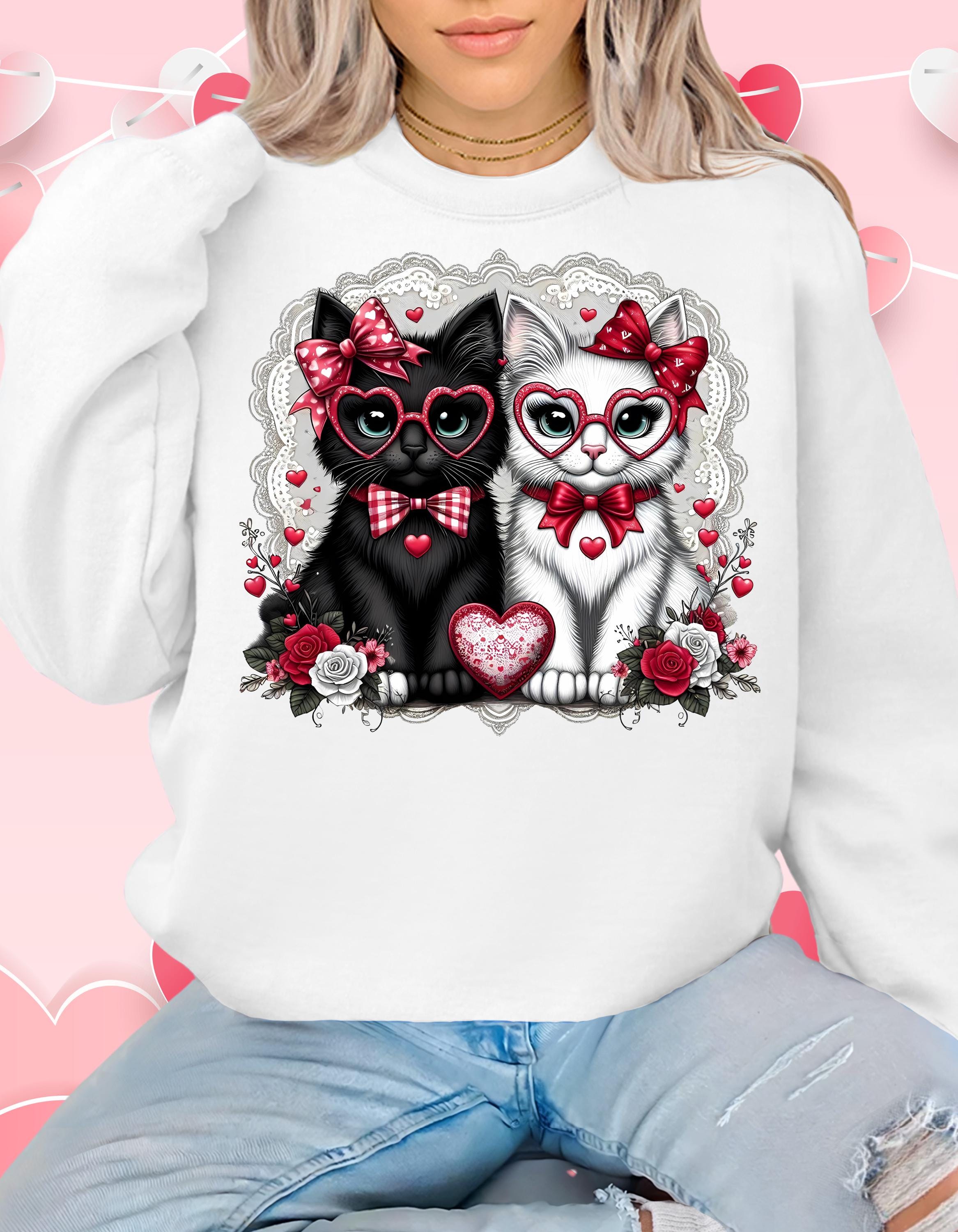 Süßes Coquette Valentinstag Kätzchen Sweatshirt, Valentinstag Geschenk, Katzenliebhaber Pullover, Romantischer Pullover, Herz Design Pullover, Entzückend