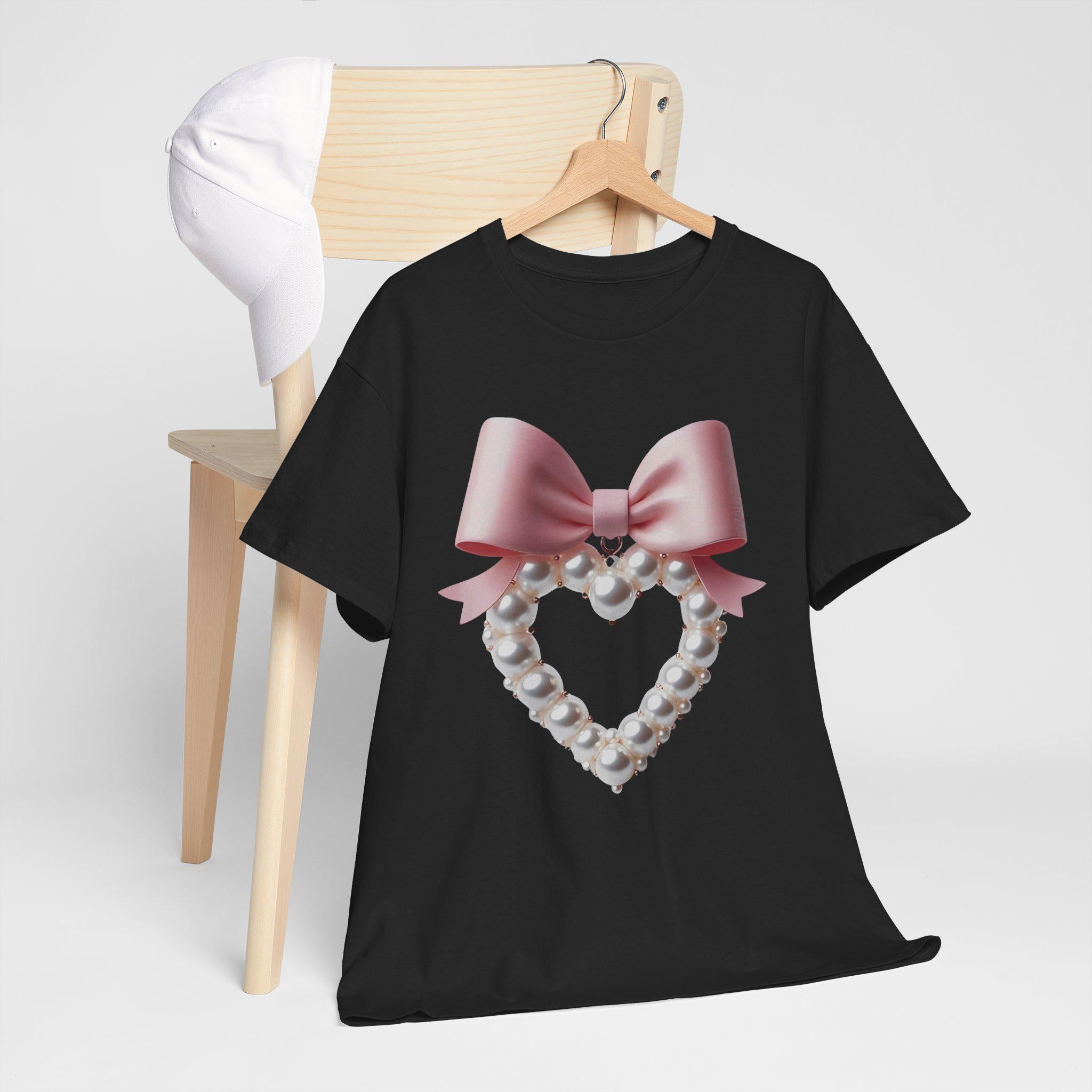 Personalizable Coquette Pearl Heart Sweater, Cute Pearl Aesthetic Shirt, Custom White Bow Tee, Unisex Cotton Top, Coquette Bow Sweater