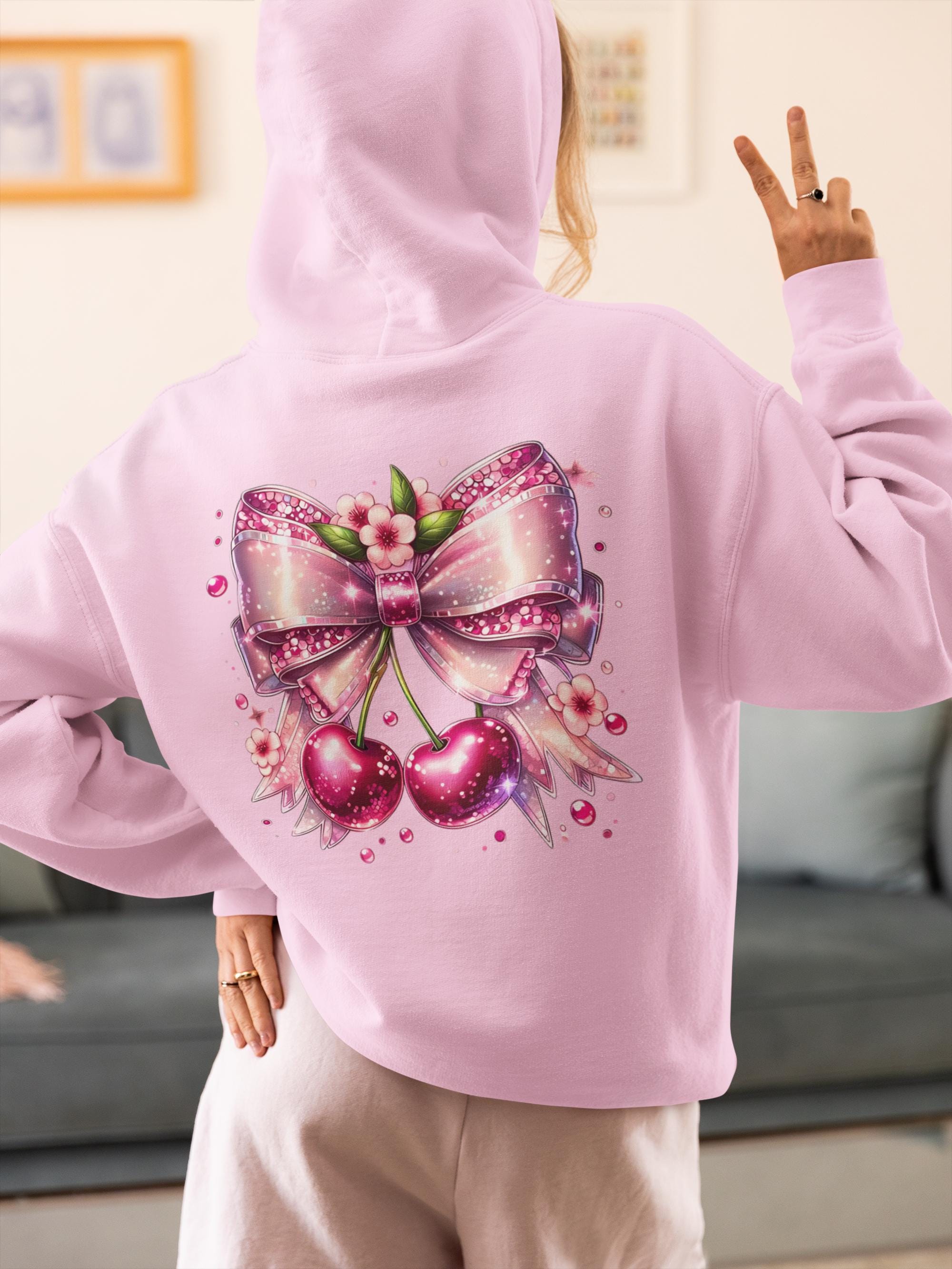 Cherry Fruit Hoodie, Unique Handmade Gift for Her, Floral Pattern Sweatshirt, Gardeners Delight, Sequined Art, Rose Gold Bow, Coquette