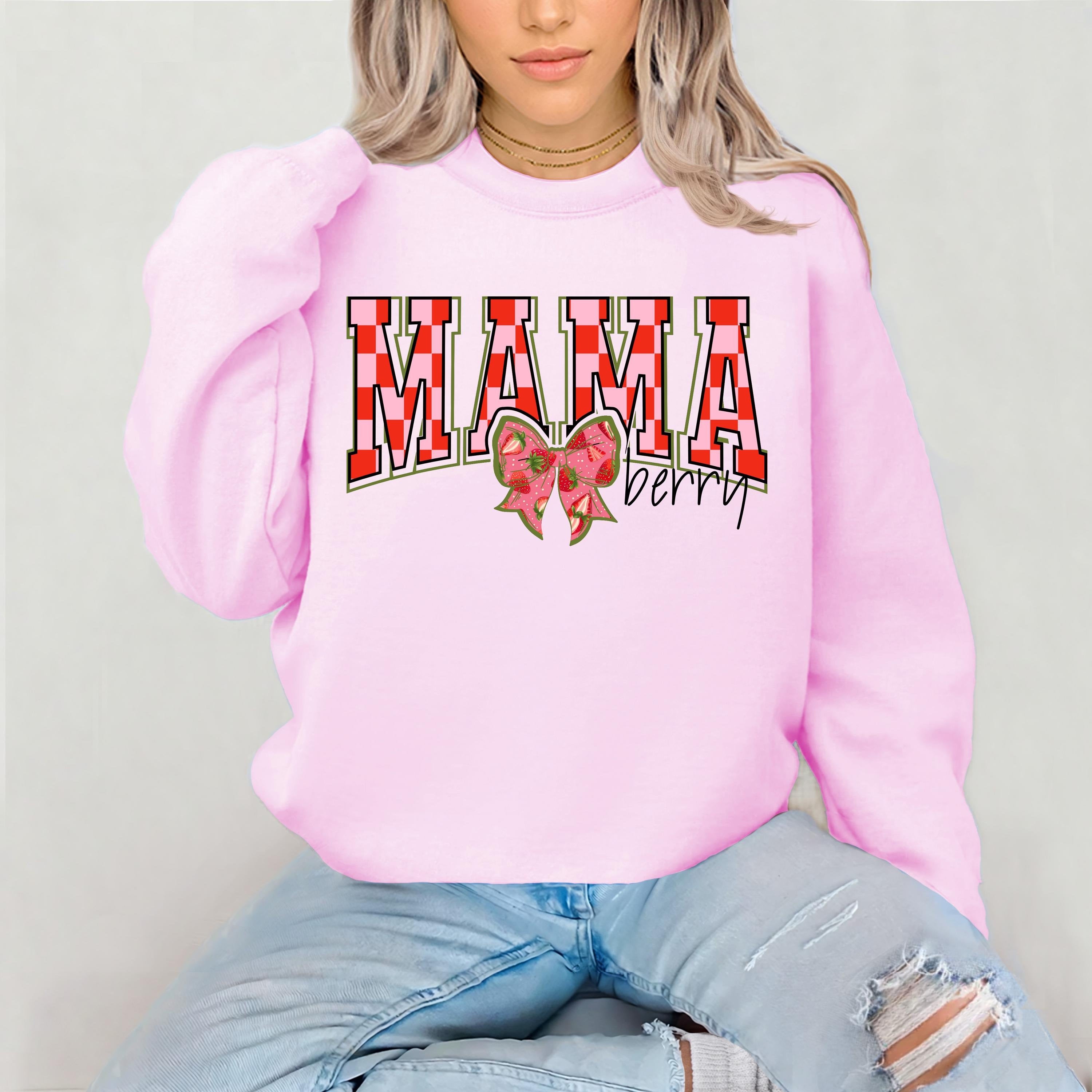 Mama Berry Sweatshirt, Mama Collage Font, Pink Checkered Print, Strawberry, Unisex Crewneck, Gift for Mom, Mother's Day Sweatshirt, Mom Life