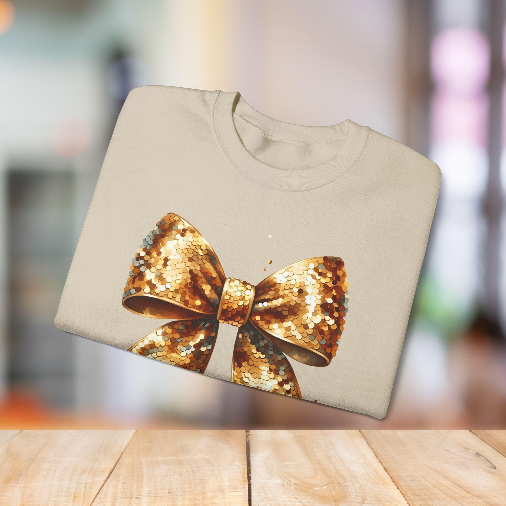 Coquette Gold Bow Sequin Crewneck Sweatshirt for New Year's Party, NYE Sweatshirt, Sparkly Sequin Holiday Sweatshirt, Christmas Sweatshirt,