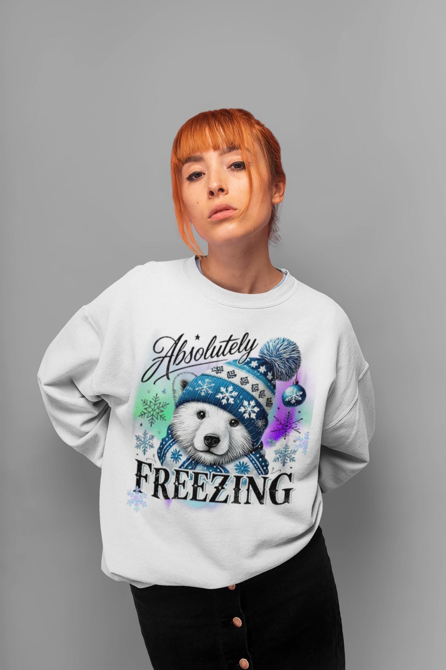 Winter Polar Bear Unisex Sweatshirt, Absolutely Freezing Arctic Animal Jumper, Cozy Crewneck Pullover, Christmas Gift, Holiday Apparel