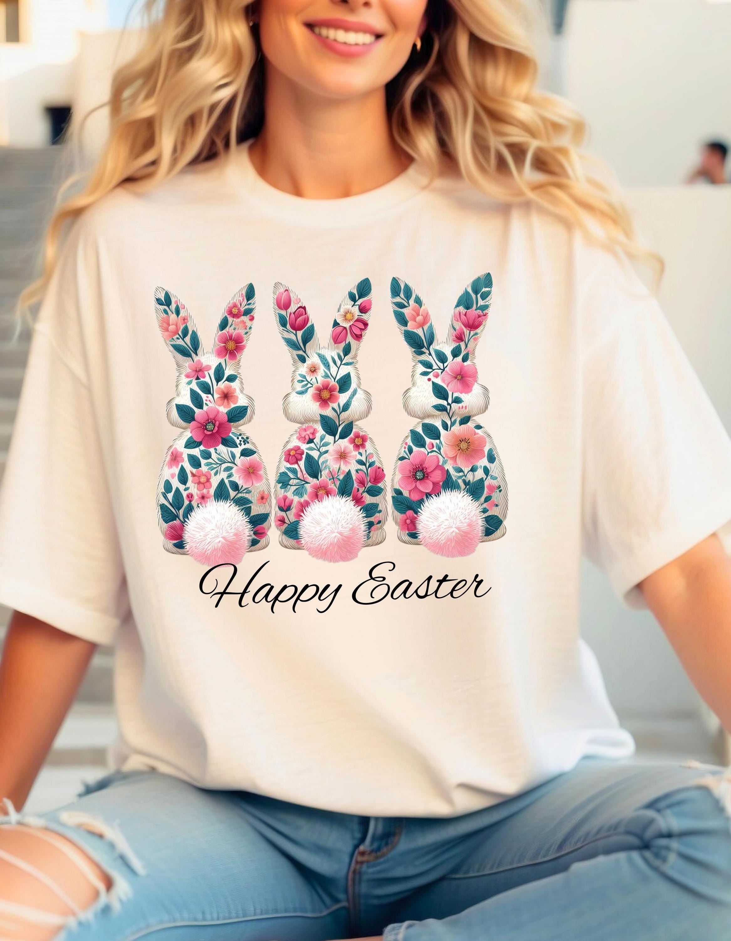 Florales Osterhasen T-Shirt, Frühlings T-Shirt, Unisex Baumwollshirt, Osterfeier Top, Süßes Geschenk zu Ostern