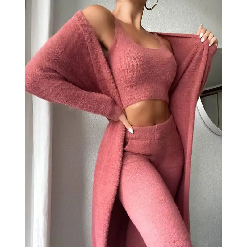 Cozy Pajama Set, 3 Piece Lounge Set, Cute Loungewear, Warm Suit Sets, Matching Set, Lounge Set, 3 Piece Pant Sets, Women Winter Dress