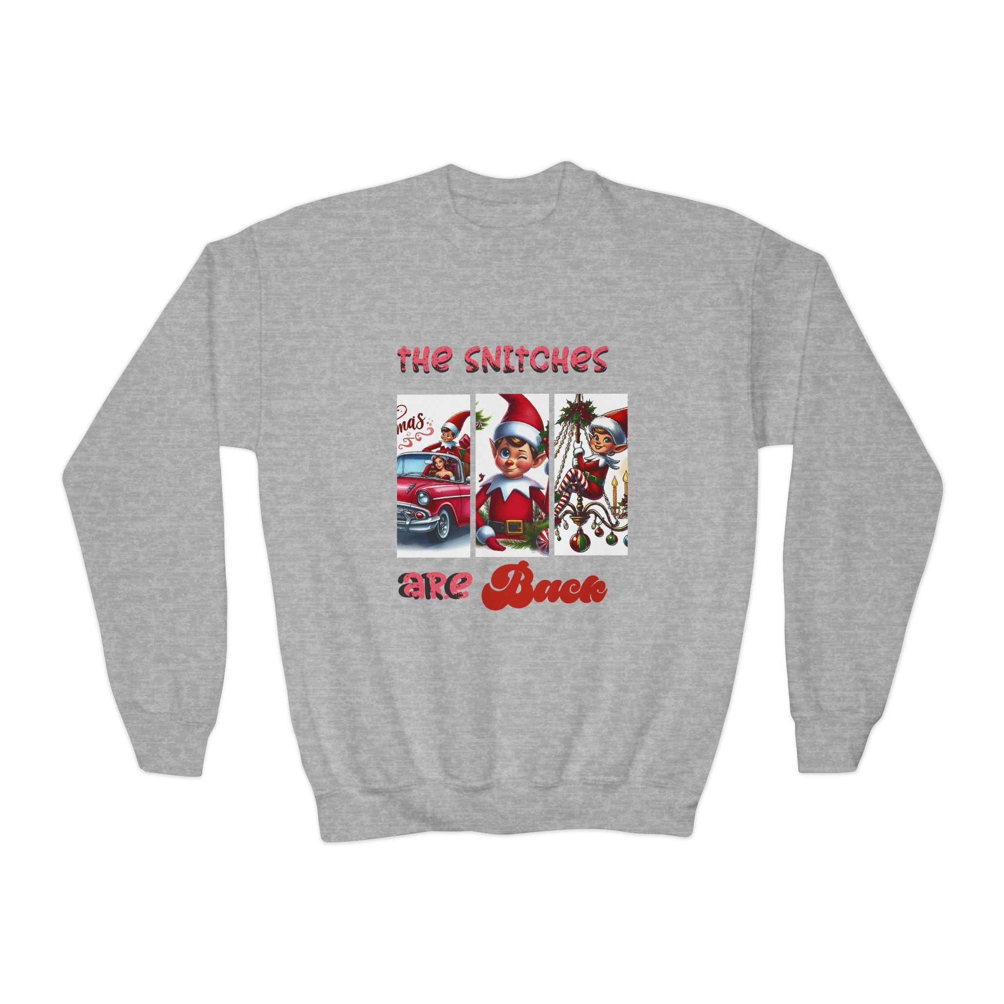 Funny Christmas Elf Parody Youth Crewneck Sweatshirt, Snitches Are Back Winter Jumper, Xmas Holiday Pullover, Kids Novelty Sweater, Secret