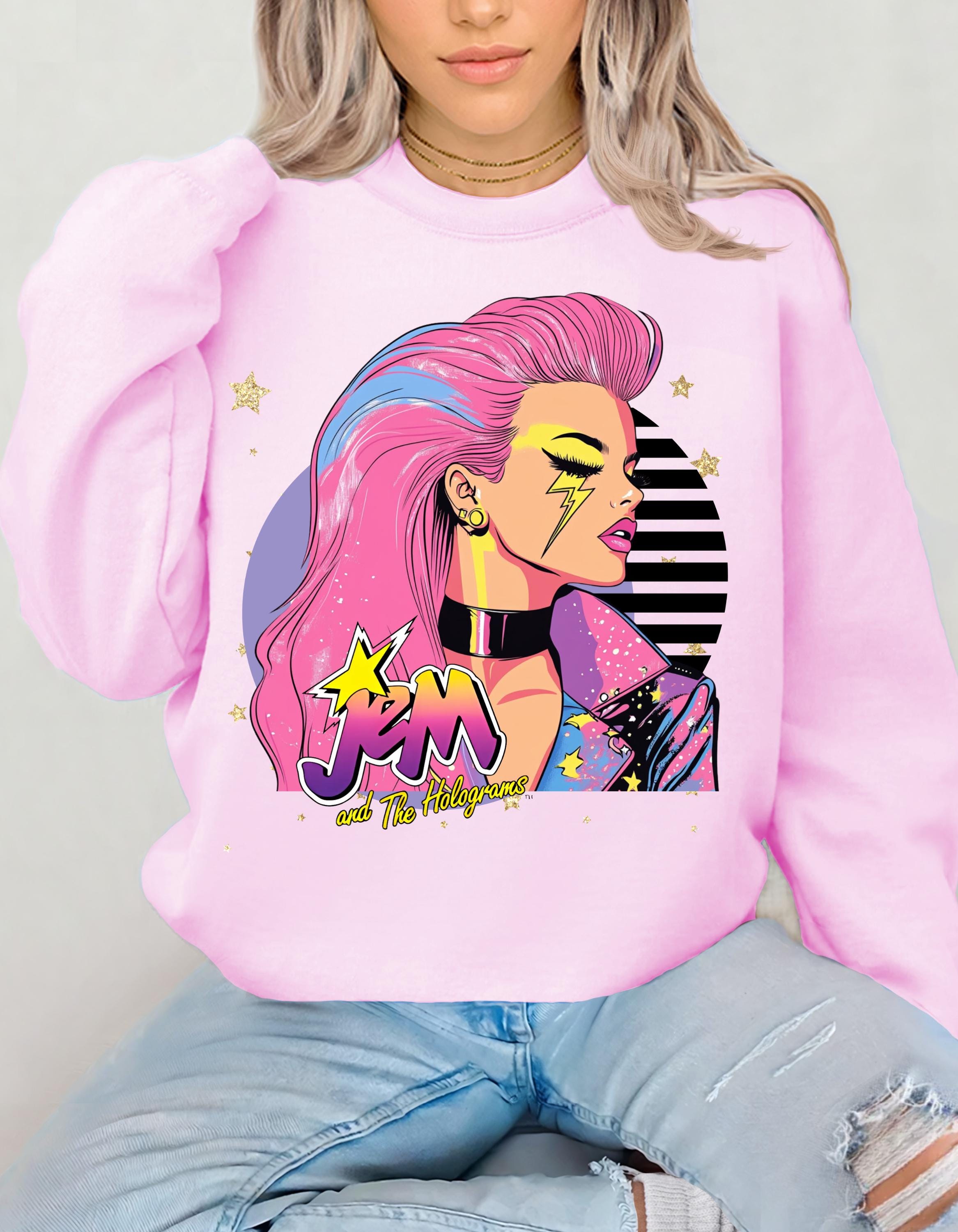 80er Cartoon Parodie Unisex Sweatshirt, Jem and Friends Parodie, Retro Crewneck Pullover für Männer und Frauen, Lustiges Cartoon Print Top, Geschenk für die 80er