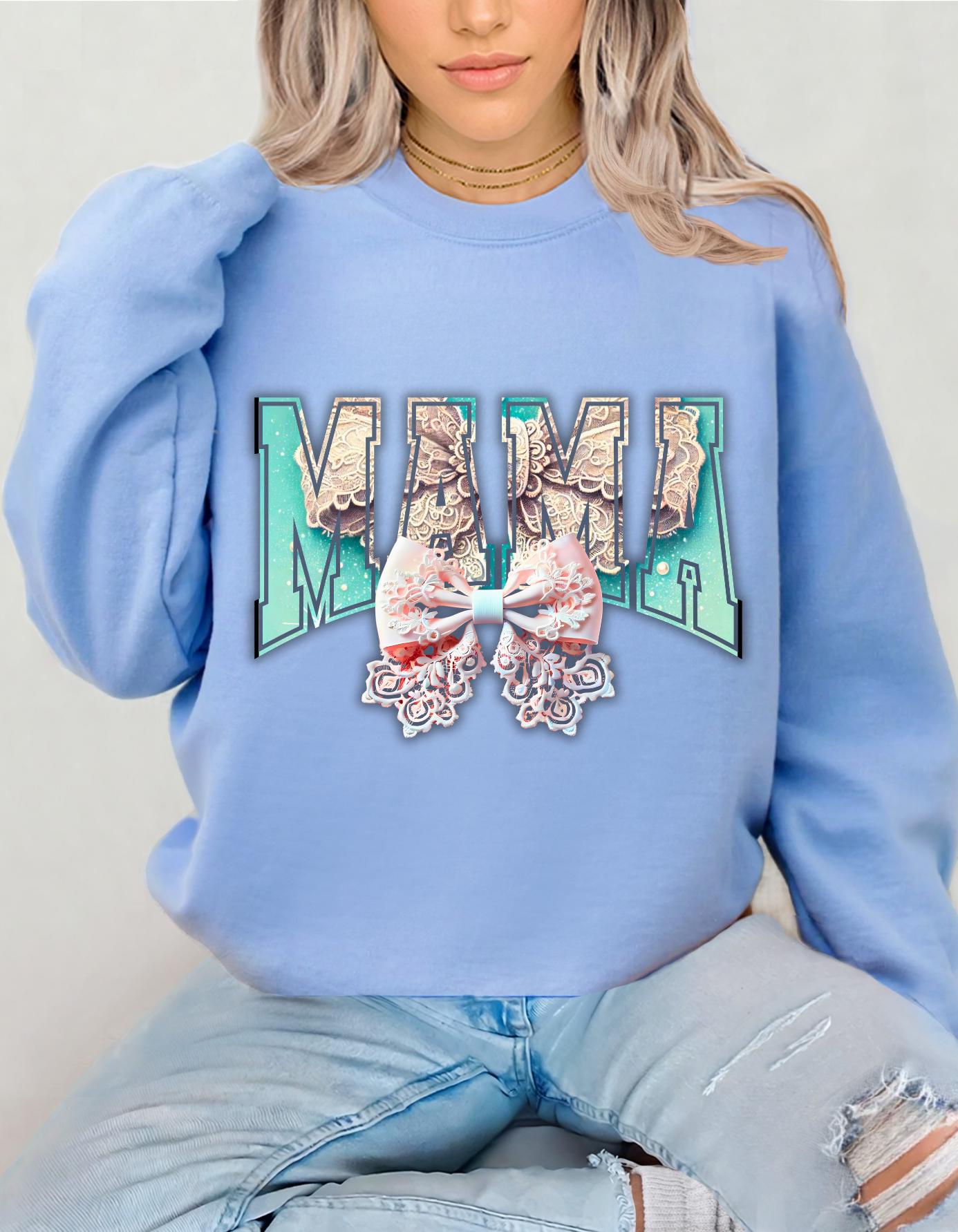 Personalizable Collegiate Font Mama Mom Gift Unisex Sweatshirt, Mother's Day Coquette Bow Design, Cute Crewneck Jumper, Gift for Her