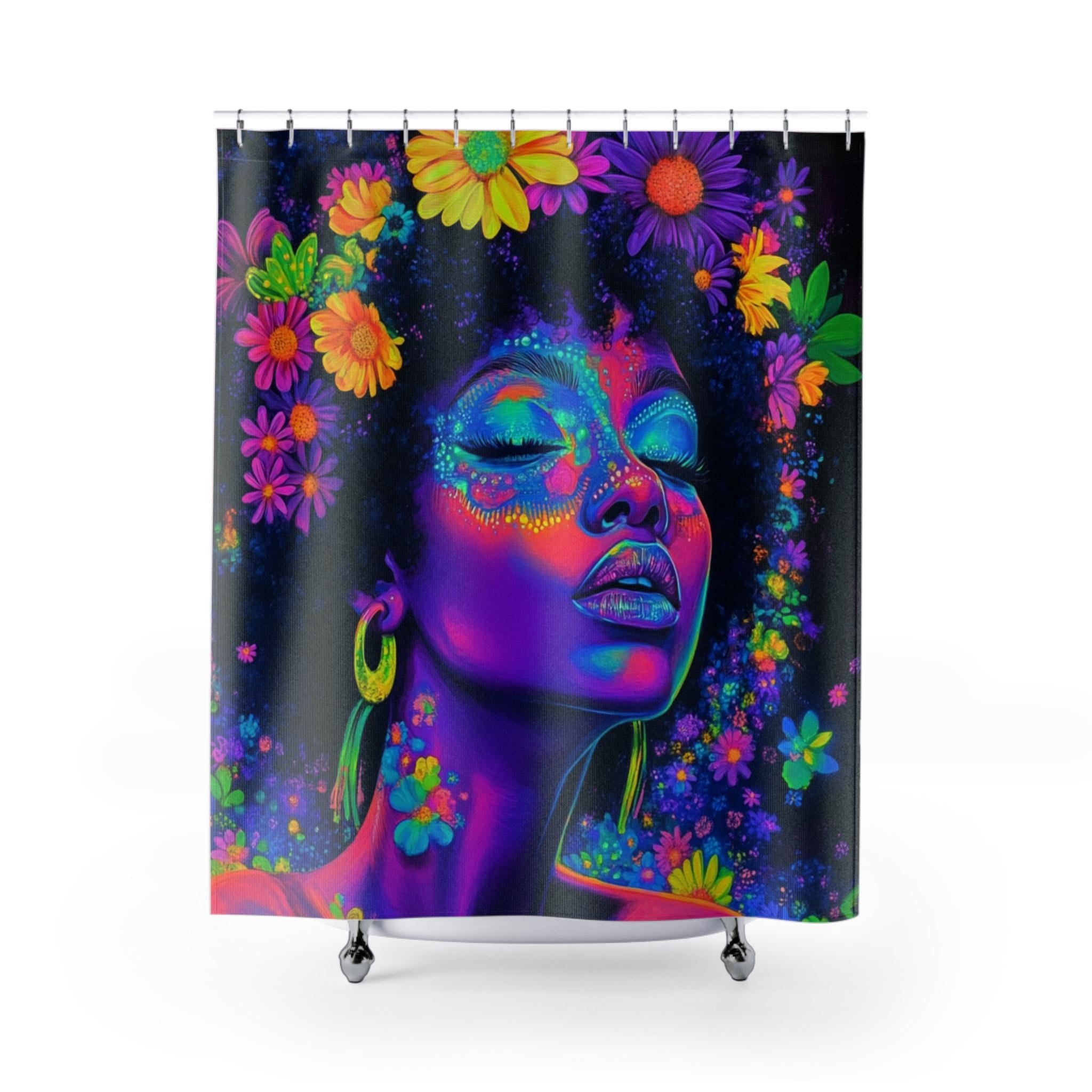 Neon Black Girl Afro Shower Curtain - Black Girl Magic Y2K Bathroom Decor, African American History, Black Woman Art, Neon Butterflies,