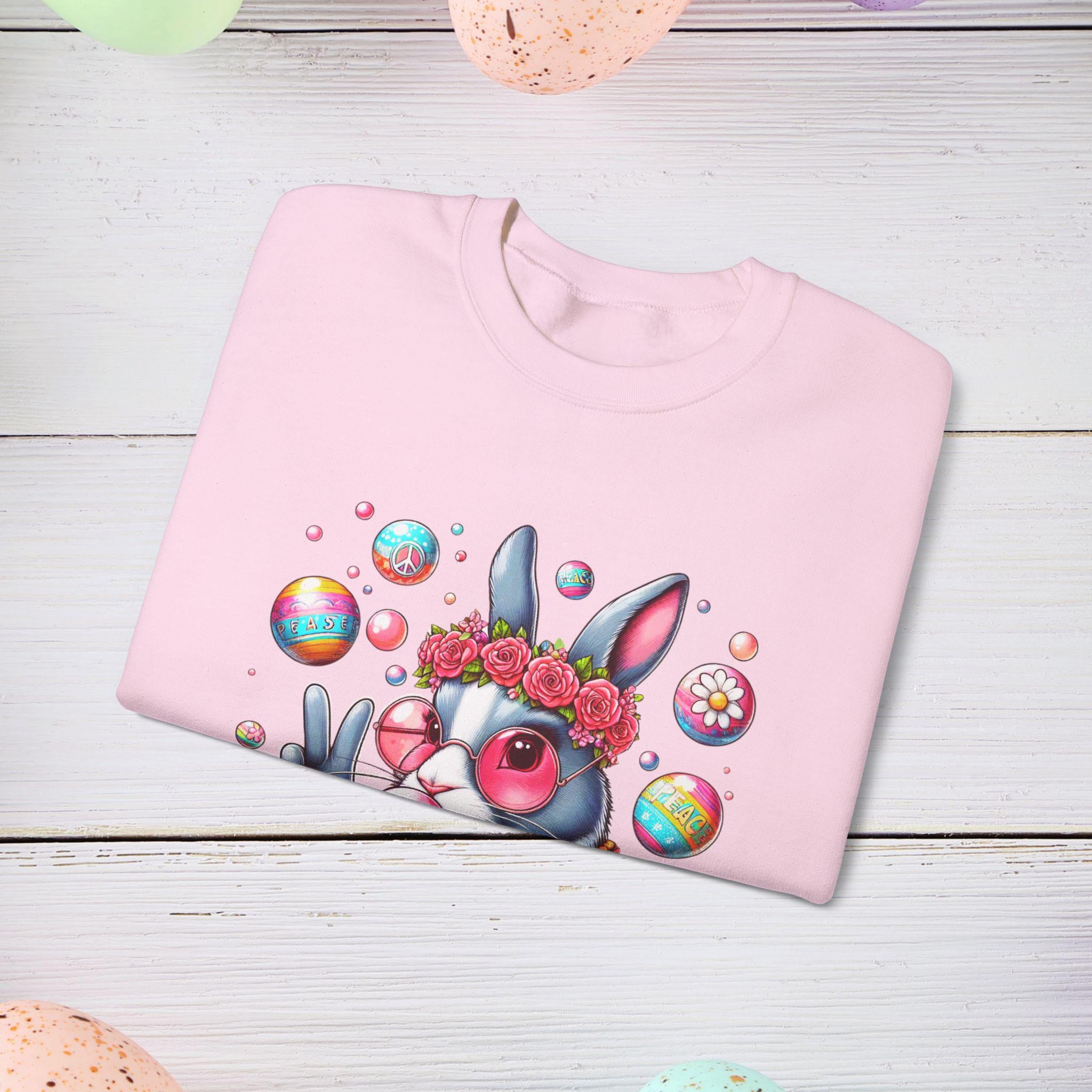 Easter Bunny Sweatshirt, Cute Animal Hippie Peace Sign Jumper, Unisex Crewneck, Easter Gift, Spring Pullover, Rabbit Sweater, Easter Shirt