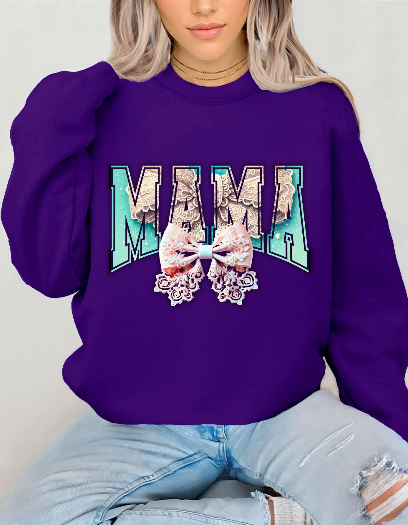 Personalizable Collegiate Font Mama Mom Gift Unisex Sweatshirt, Mother's Day Coquette Bow Design, Cute Crewneck Jumper, Gift for Her