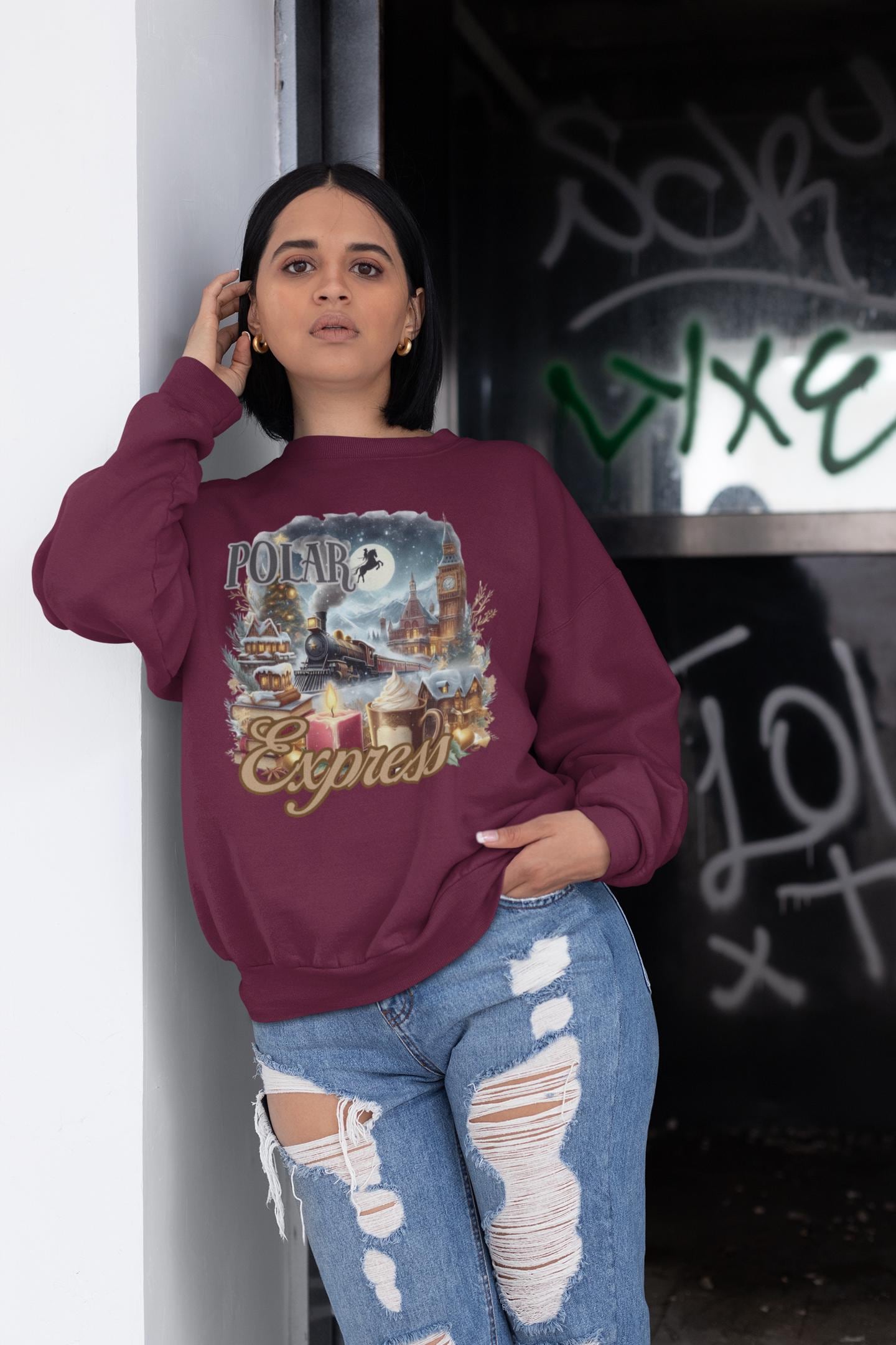 Weihnachts-Sweatshirt, North Polar Express Weihnachtspullover, Festliche Winterbekleidung, Weihnachtspullover mit Rundhalsausschnitt, Jahreszeitengeschenk für Sie/Ihn,