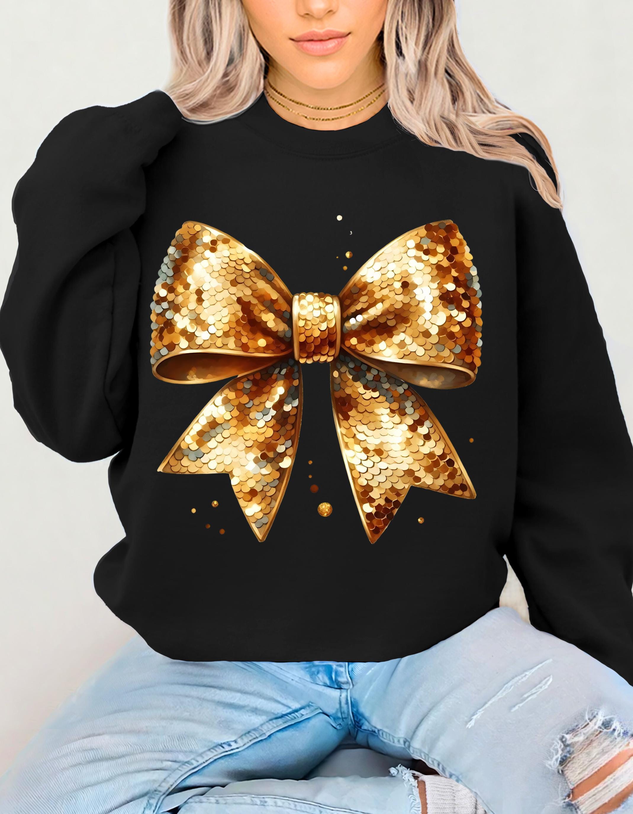 Coquette Gold Bow Sequin Crewneck Sweatshirt for New Year's Party, NYE Sweatshirt, Sparkly Sequin Holiday Sweatshirt, Christmas Sweatshirt,