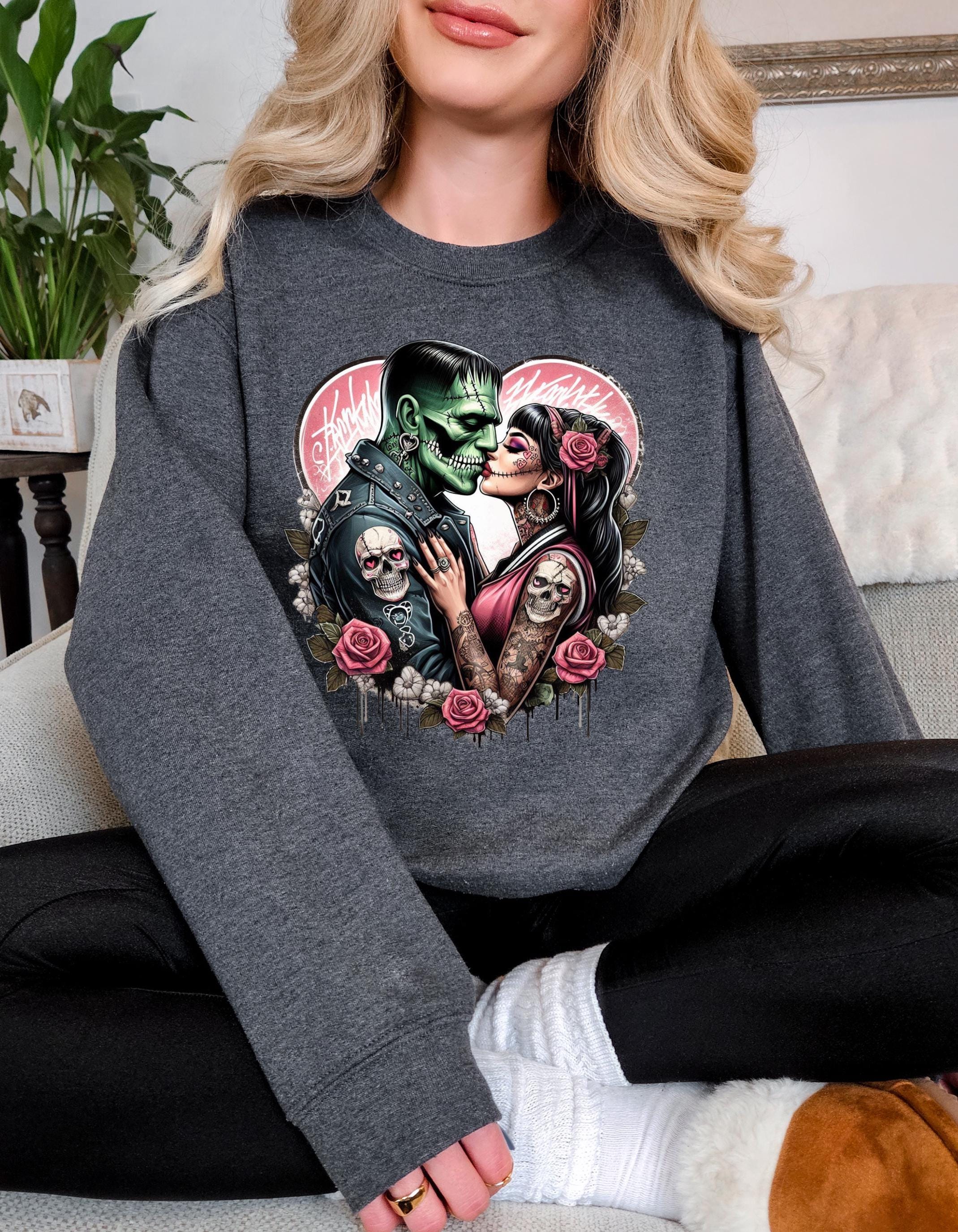 Personalizable Frankenstein & Bride Sweatshirt - Gothic Romance Pullover - Unisex Halloween Apparel - Cozy Fall Wear