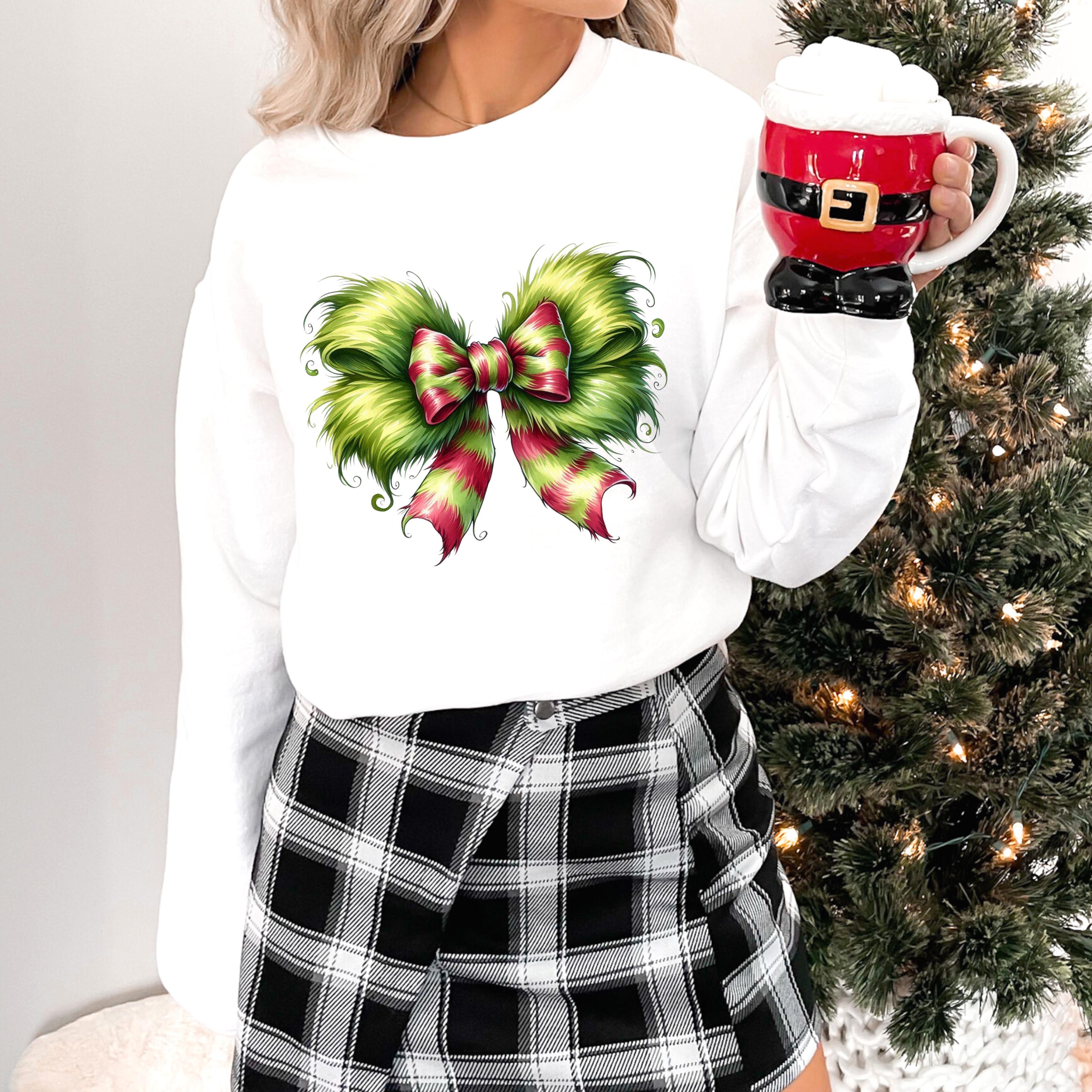 Personalisierbares festliches Grinch-Schleifen-Sweatshirt für gemütliche Feiertage