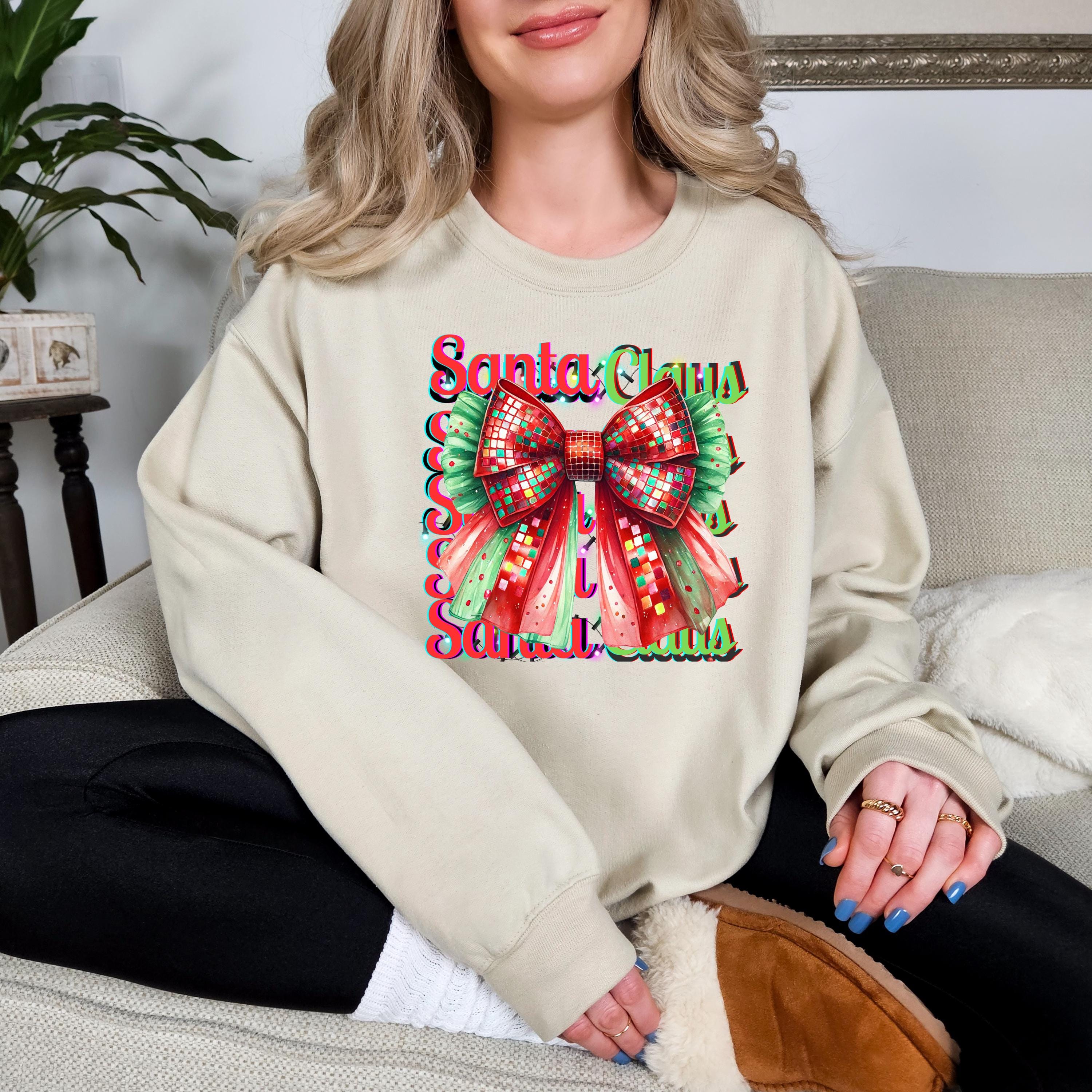 Personalizable Santa Claus Sequinned Bow Sweatshirt Festive Holiday Fashion