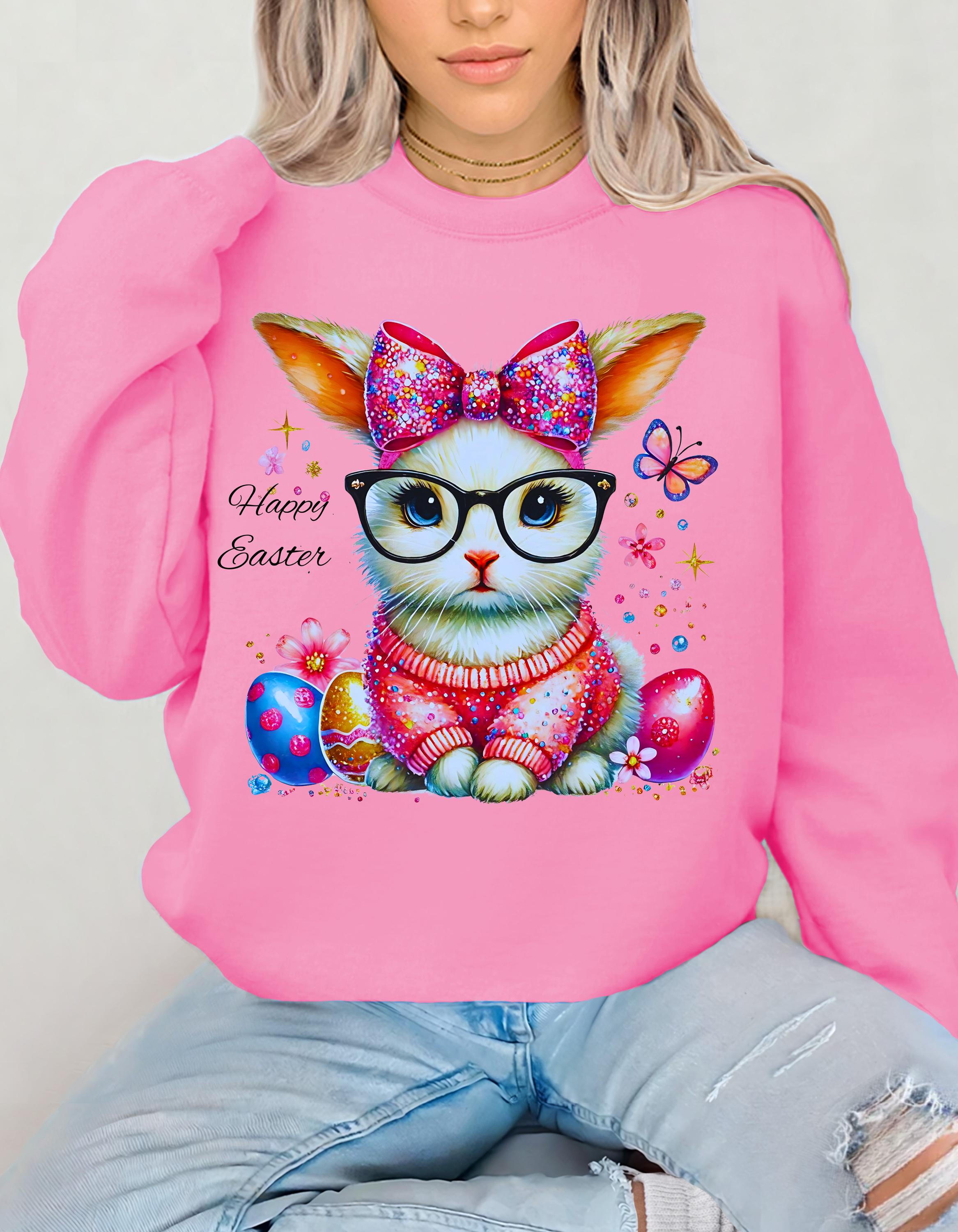 Osterhase Sweatshirt, Lustiger Hasen Brillenpullover, Frühlings-Kokettpullover, Unisex Süßer Hasenpullover, Osterurlaub Crewneck, Hase