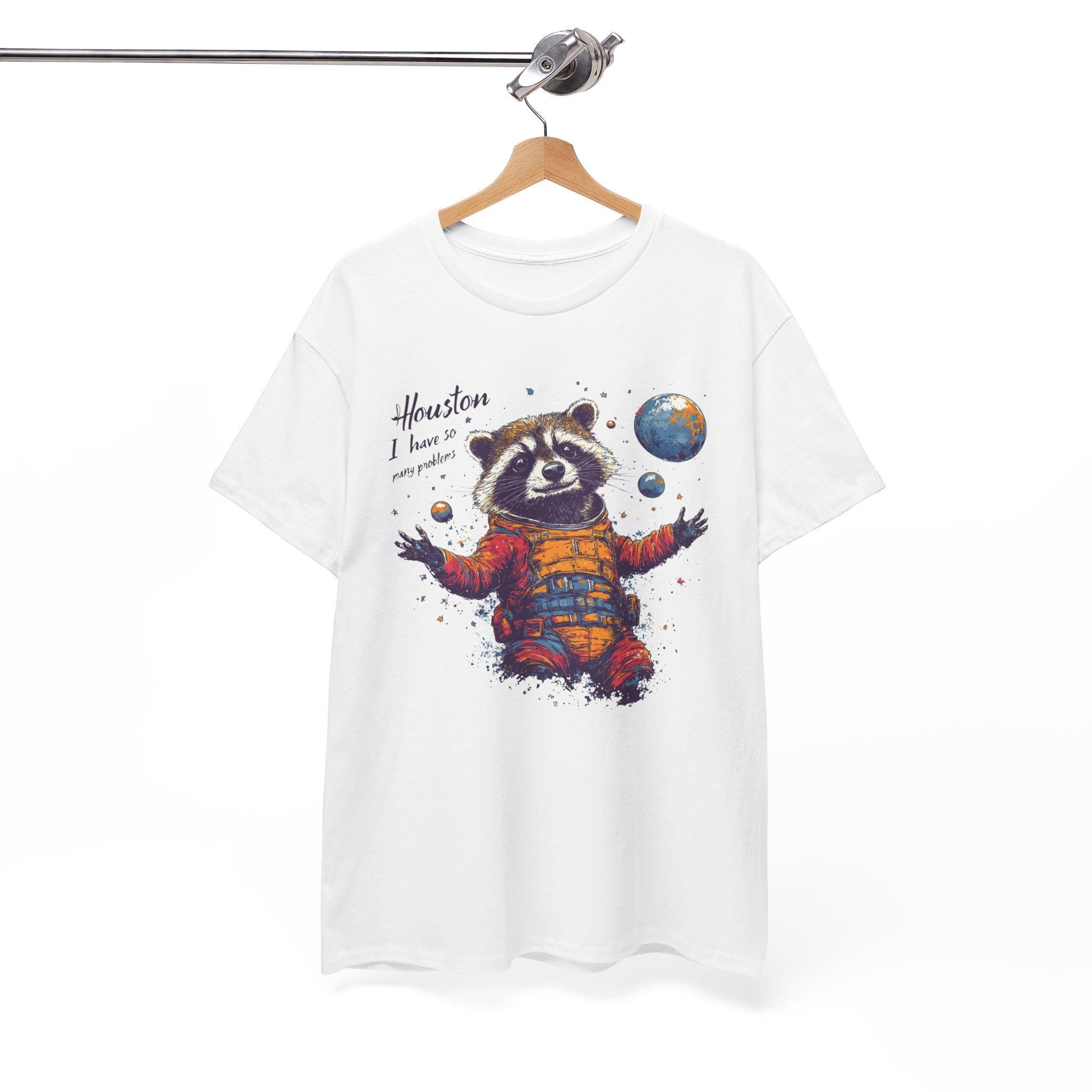 Houston I Have Many Problems Raccoon Tee, Funny Graphic T-Shirt, Unisex Cotton Shirt, Cute Animal Top, Space Humor Gift, Astronomy Lover