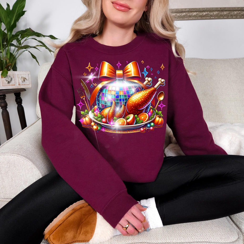 Personalizable Disco Ball Turkey Sweatshirt - Festive Thanksgiving Apparel