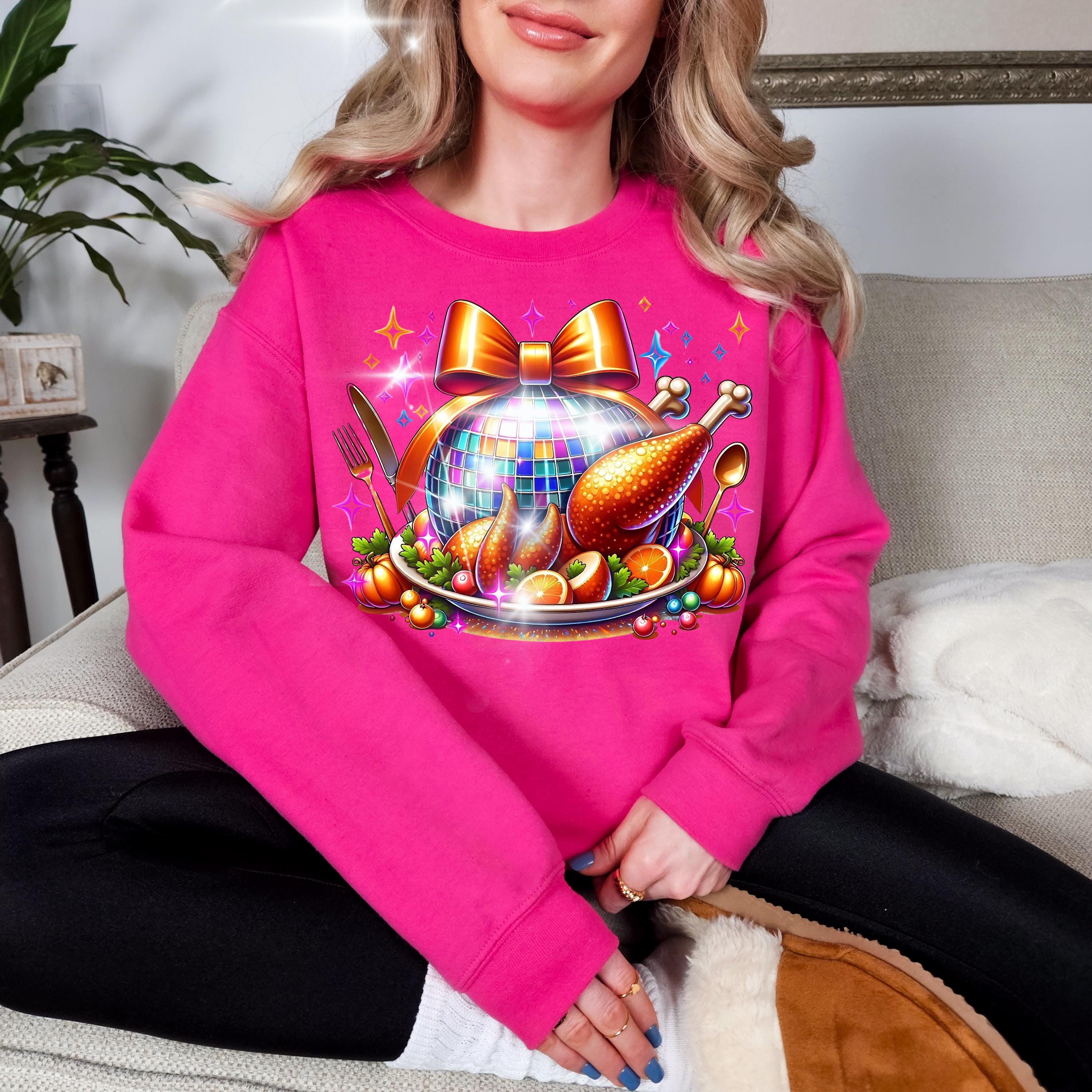 Personalizable Disco Ball Turkey Sweatshirt - Festive Thanksgiving Apparel