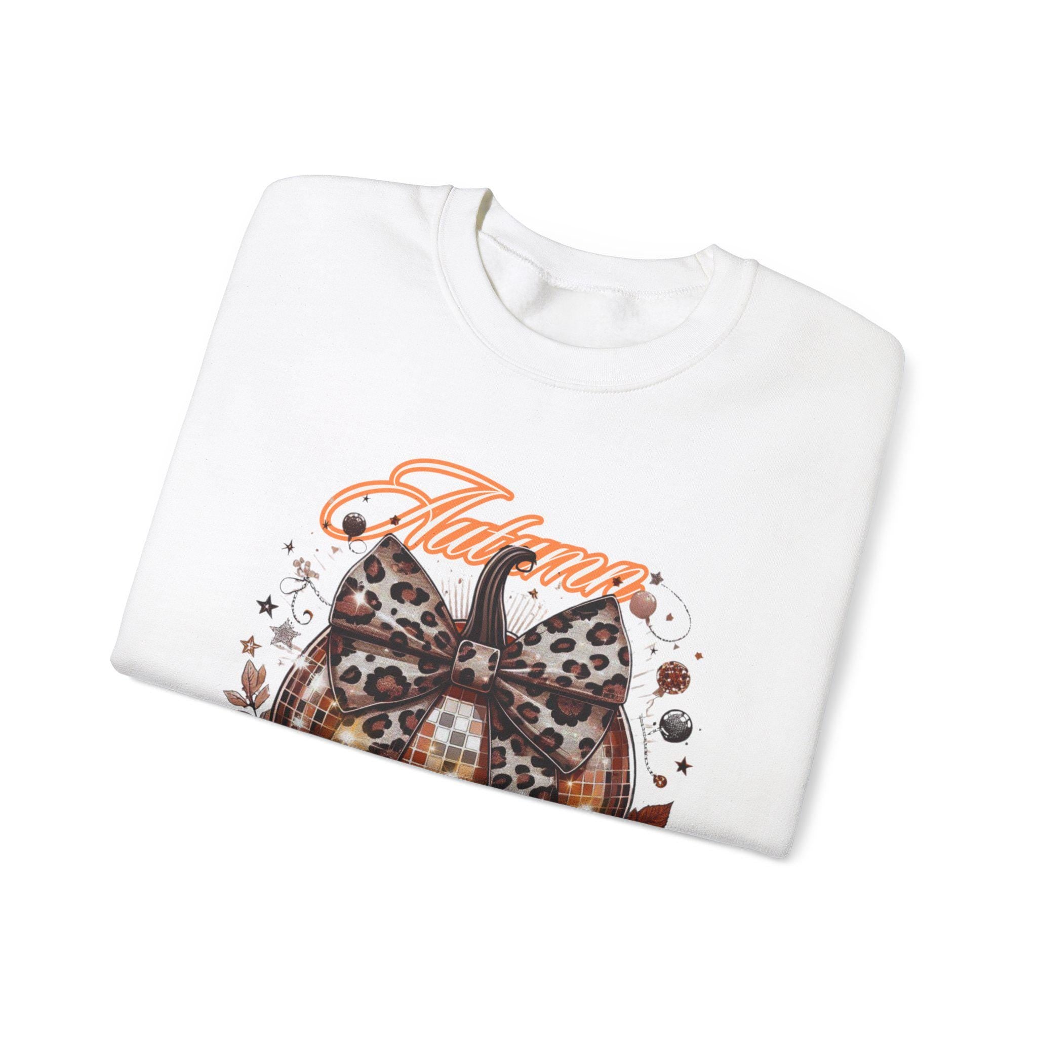 Thanksgiving Autumn Girly Disco Pumpkin Leopard Print Bow Coquette Sweatshirt, Fall Holiday Pullover Jumper, Gift for Her, Funny Halloween
