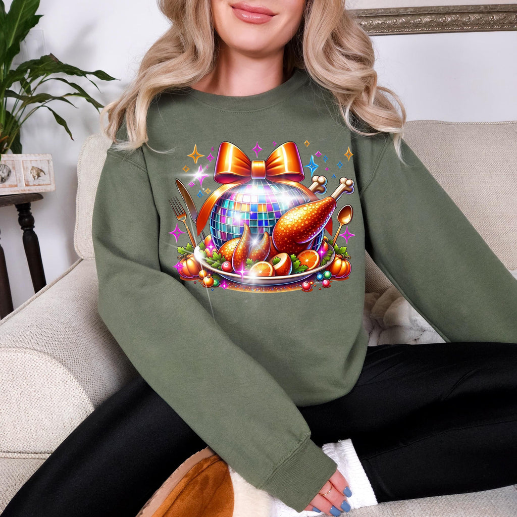 Personalizable Disco Ball Turkey Sweatshirt - Festive Thanksgiving Apparel