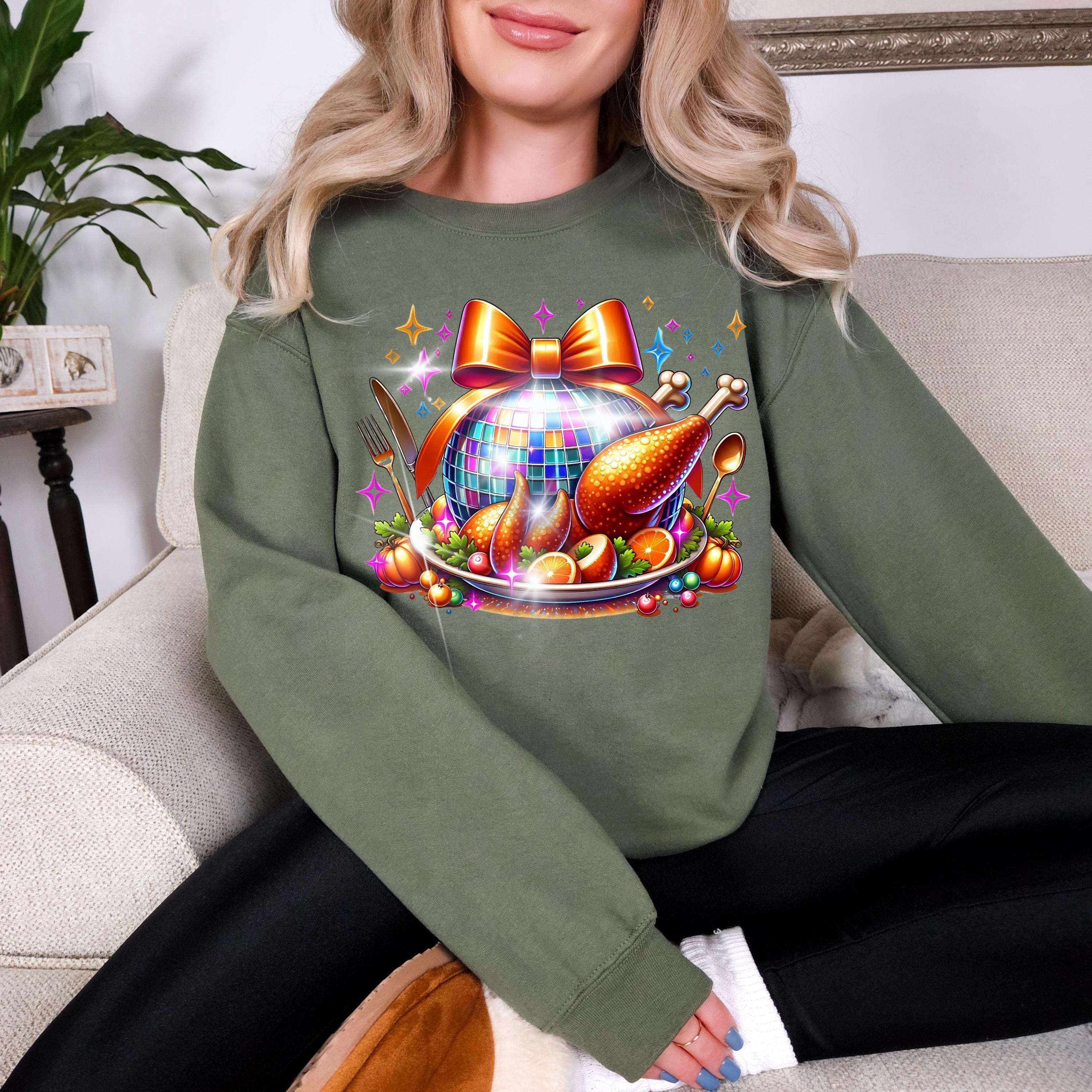 Personalizable Disco Ball Turkey Sweatshirt - Festive Thanksgiving Apparel