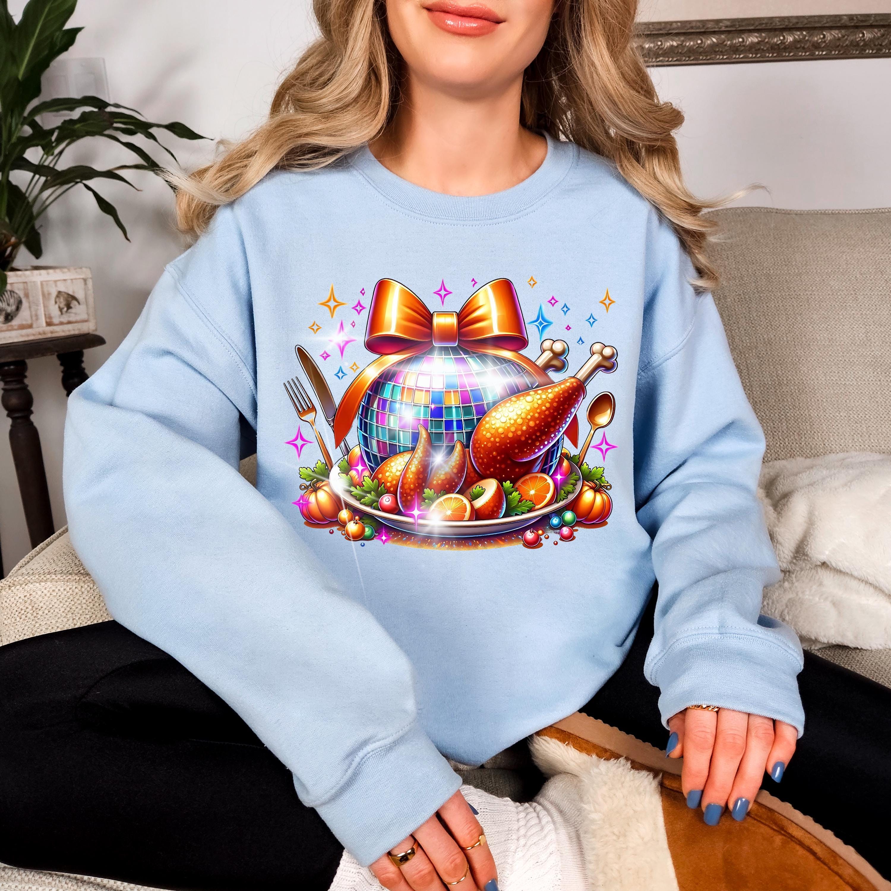 Personalizable Disco Ball Turkey Sweatshirt - Festive Thanksgiving Apparel