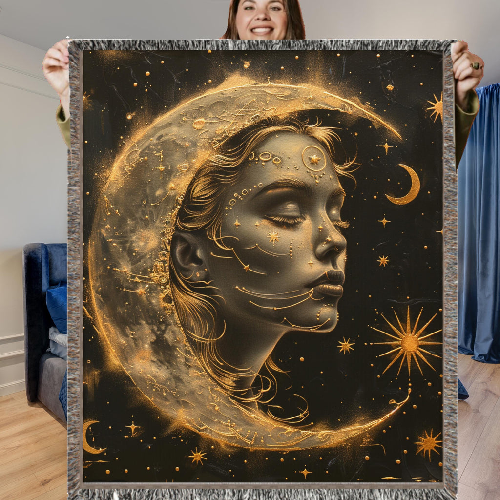 Celestial Woven Blanket: Girl in Moon Art, Lunar Tapestry