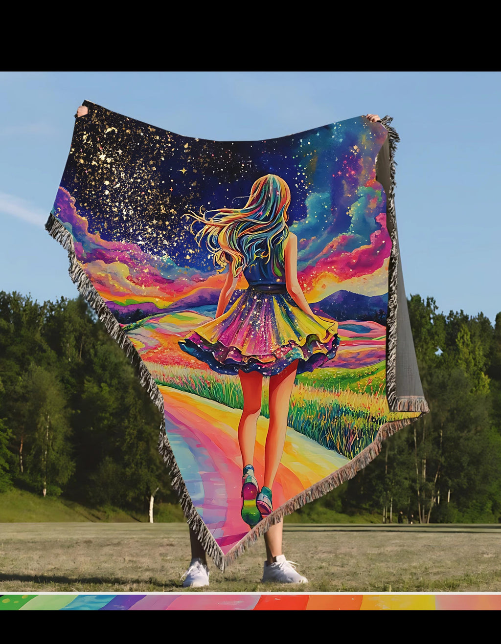 Personalized, neon Rainbow Road Design, Vibrant & Psychedelic Cozy Bedding Gift, Starry Night Sky, Whimsical Fantasy Landscape,
